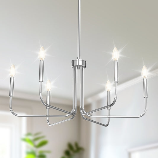 YANSUN 6-Light Chrome Candle Chandelier, 28-Inch Straight Rod Hang light for Dining Room or Living Room No Bulbs Included