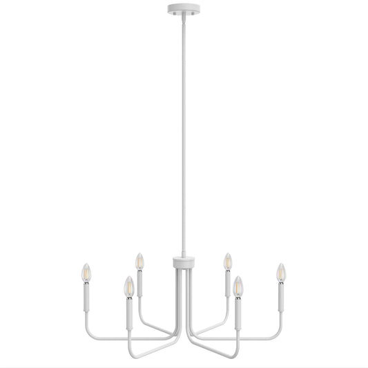 YANSUN 28.2 in. Modern 6-Light White Chandelier E12 Straight Arm Candle Style Pendant Light for Dining Room or Living Room