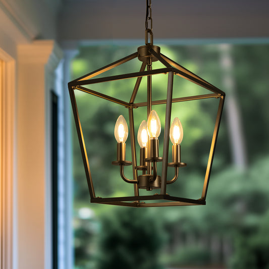 8 in. 4-Light Black Geometric Open Cage Pendant Light, Chandelier for Dining Room, House Foyer