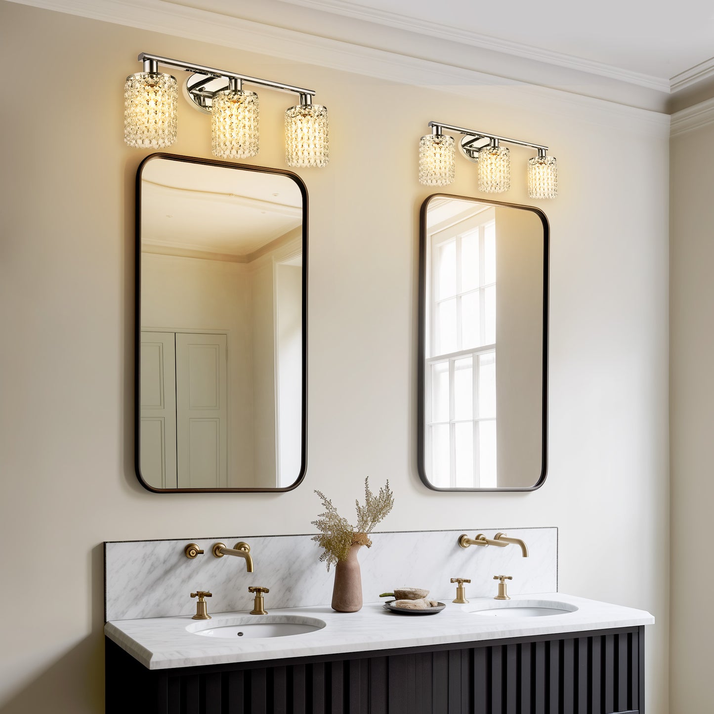 Crystal Bathroom Light fixtures Or 3 Light Wall Sconces Matte Black Round Base with Modern Style Crystal Pendant (Sliver)