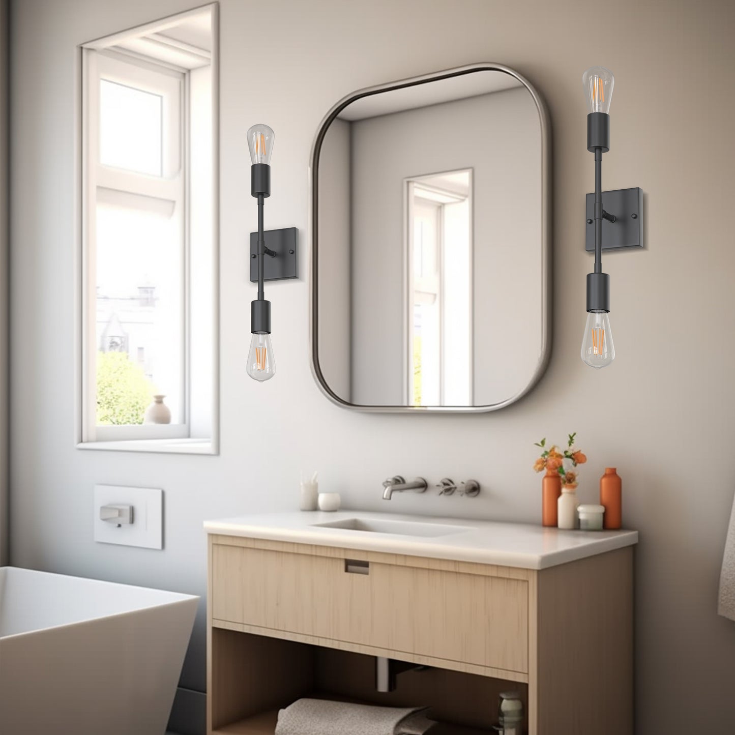 YANSUN (2-Pack) 14.5 in. 2-Light Black Industrial Wall Sconce, E26 Base, for Bedroom, Living Room, Hallway, No Bulbs