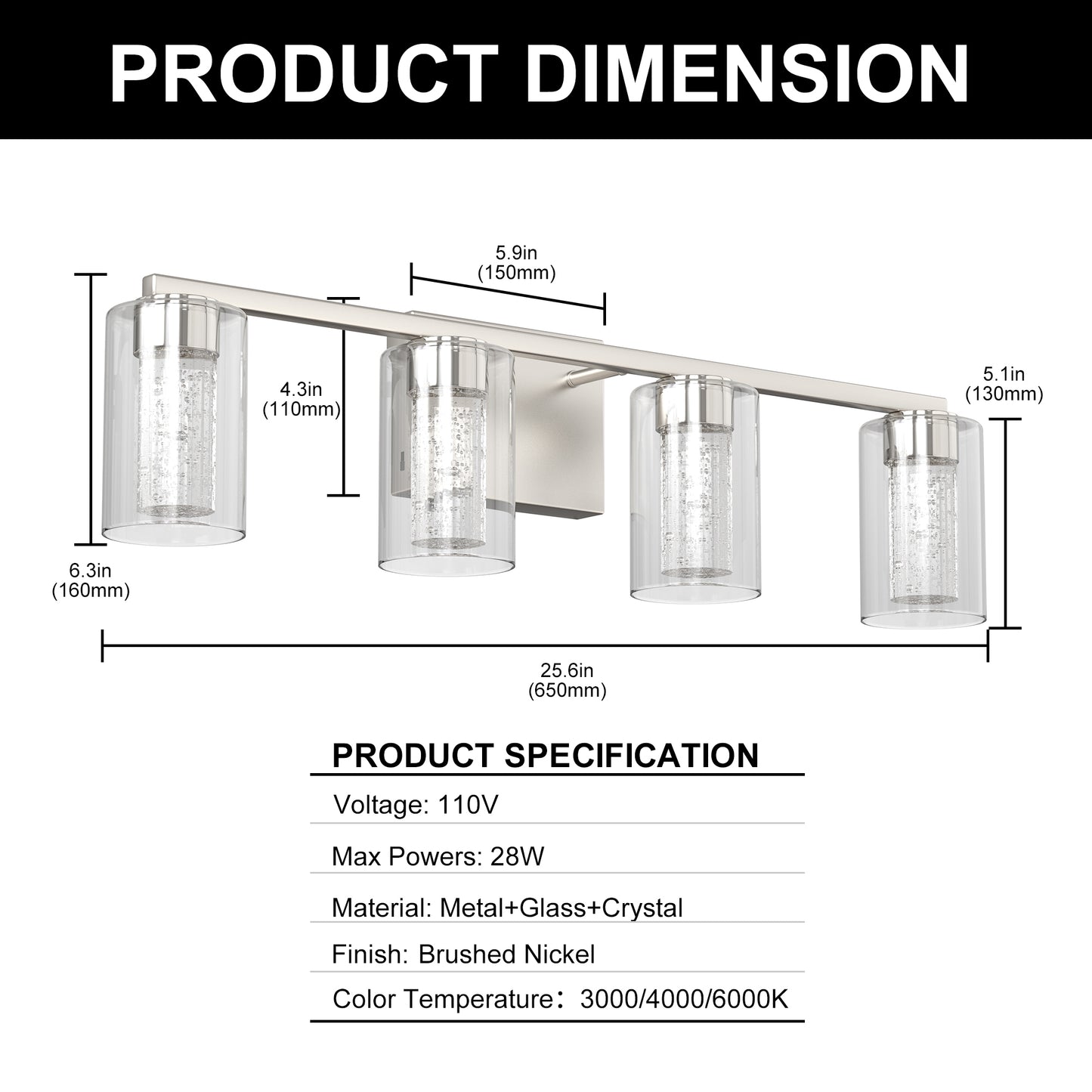 26 in. 28-Watt 4-Light Brushed Nickel Crystal LED Integrated Vanity Light for Bathroom, 3000/4000/6000K Adjustable