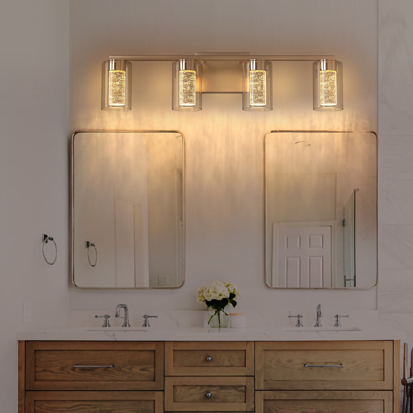 26 in. 28-Watt 4-Light Brushed Nickel Crystal LED Integrated Vanity Light for Bathroom, 3000/4000/6000K Adjustable