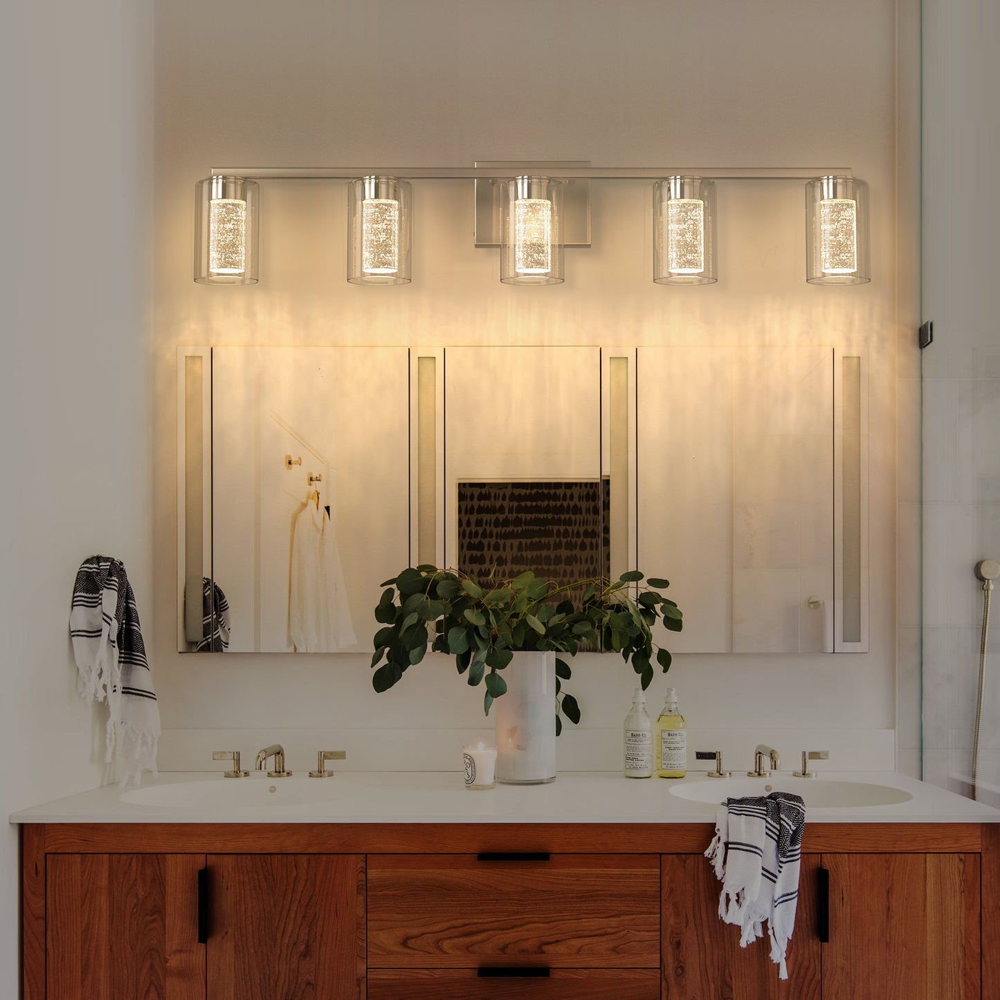 33 in. 35-Watt 5-Light Brushed Nickel Crystal LED Integrated Vanity Light for Bathroom, 3000/4000/6000K Adjustable