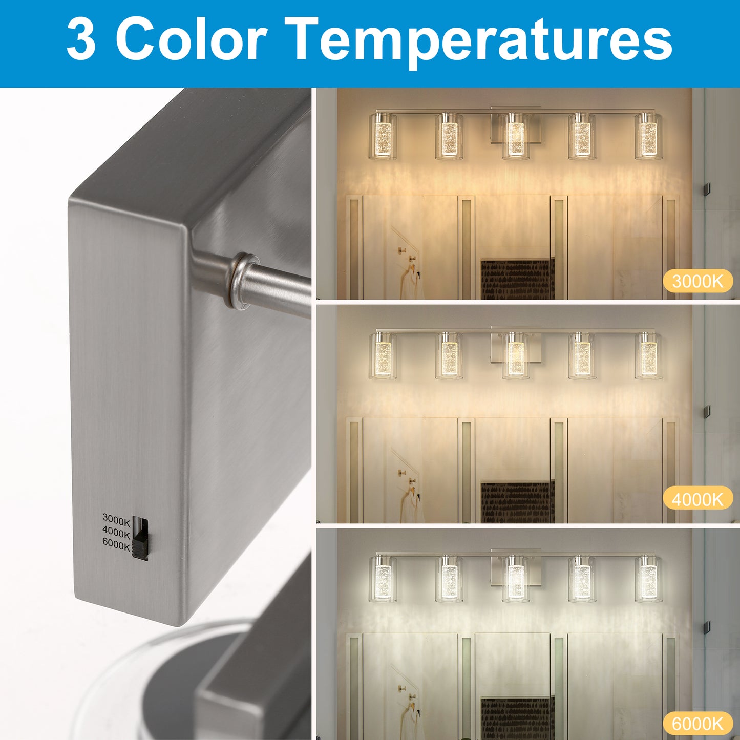 33 in. 35-Watt 5-Light Brushed Nickel Crystal LED Integrated Vanity Light for Bathroom, 3000/4000/6000K Adjustable