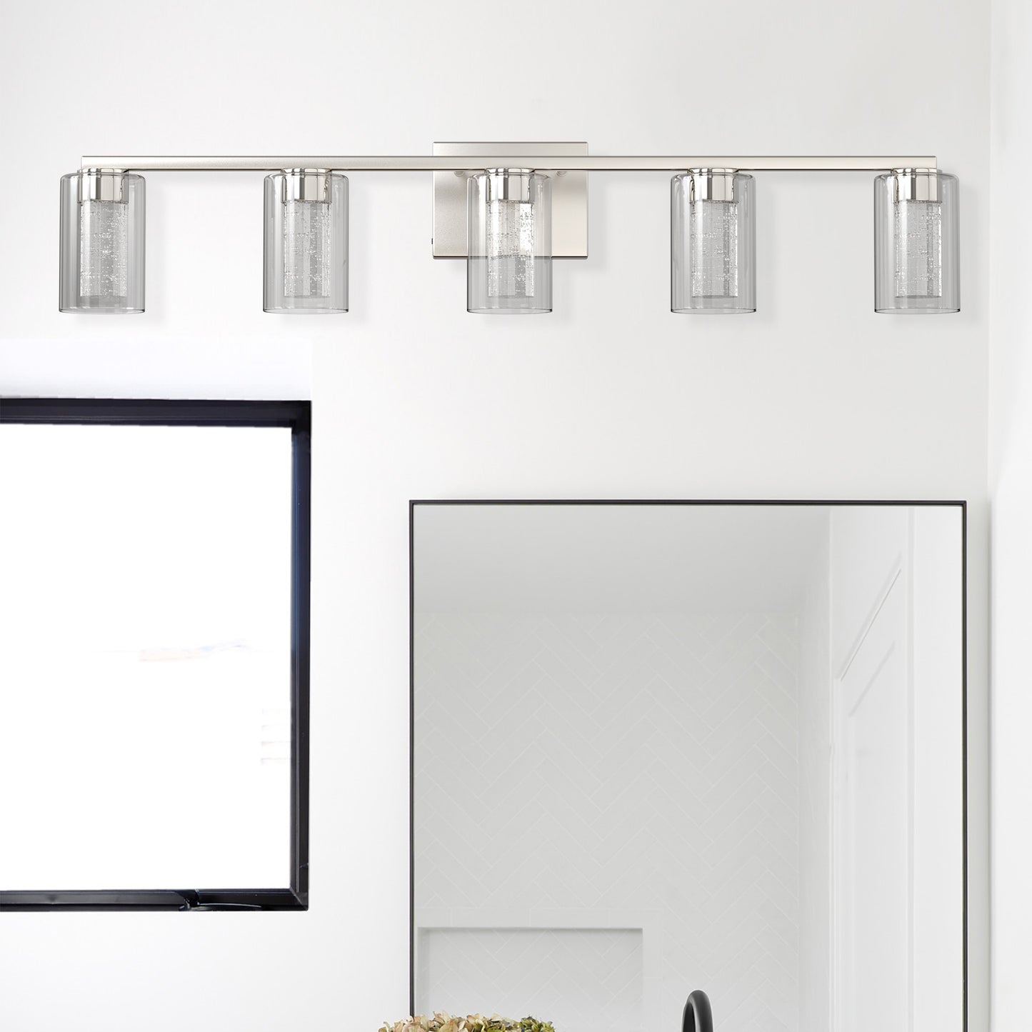 33 in. 35-Watt 5-Light Brushed Nickel Crystal LED Integrated Vanity Light for Bathroom, 3000/4000/6000K Adjustable