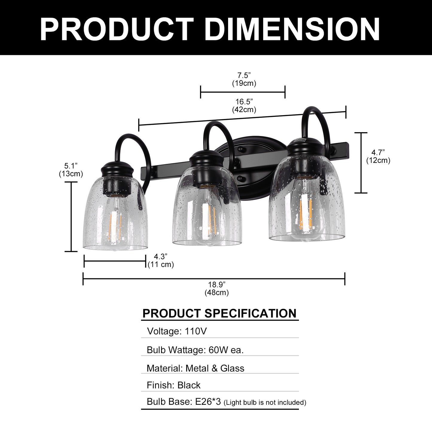 18.89 in. 3-Light Matte Black Modern Bathroom Vanity Light Mirror Wall Light with Black Accents and Seeded Glass Shade