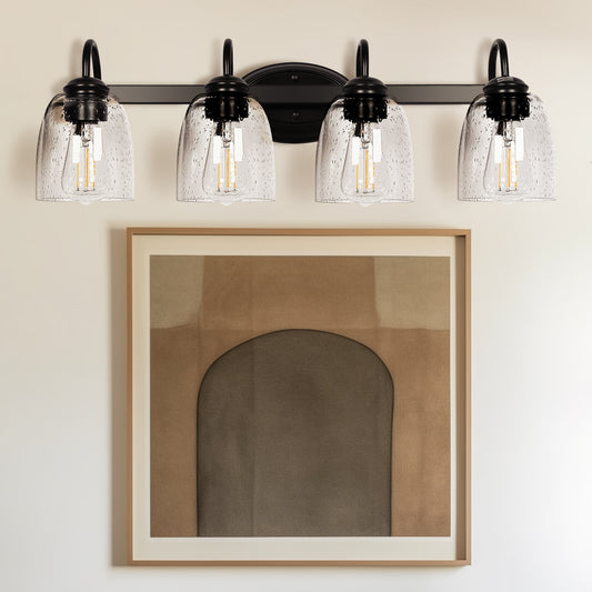 25.2 in. 4-Light Matte Black Modern Bathroom Vanity Light Mirror Wall Light with Black Accents and Seeded Glass Shade
