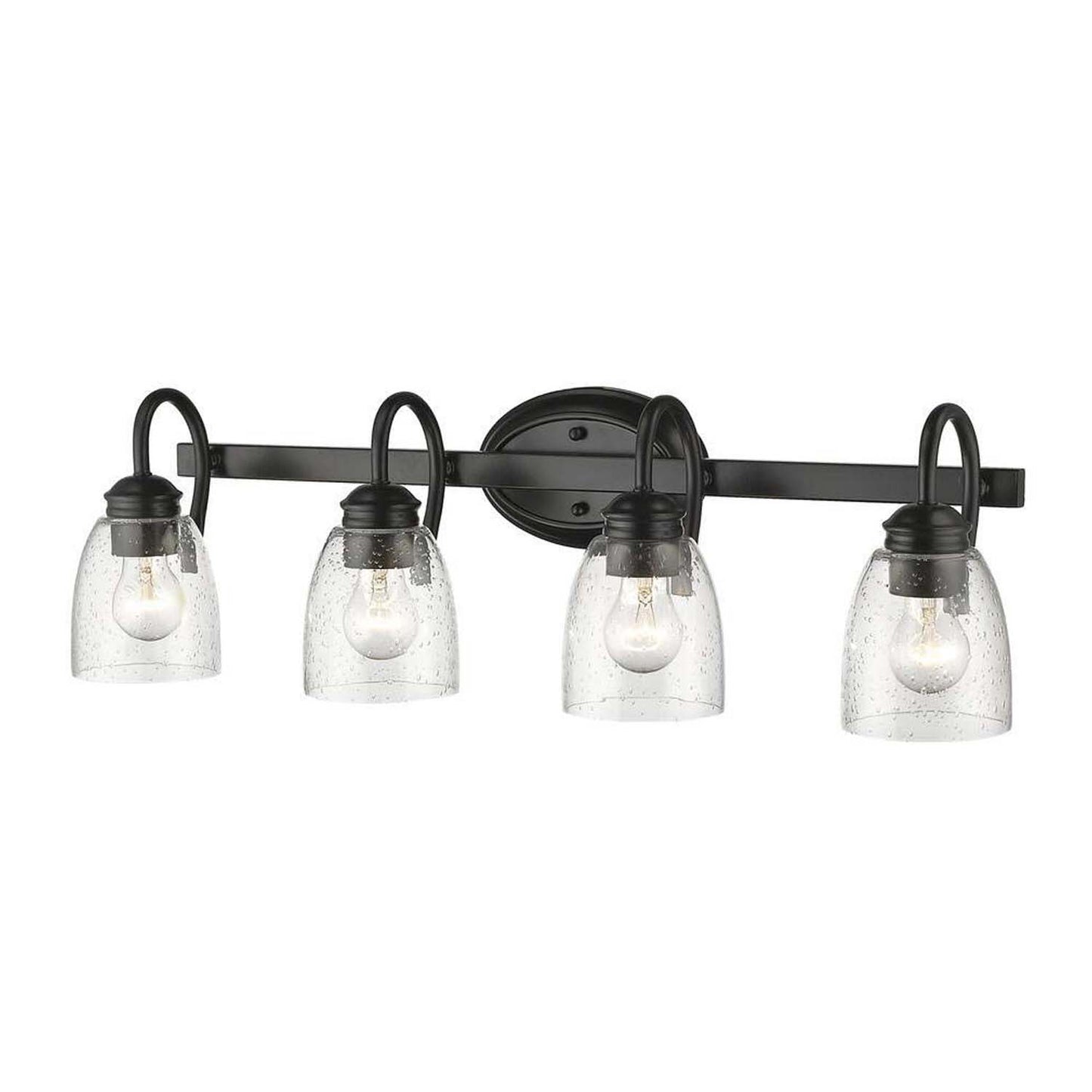 25.2 in. 4-Light Matte Black Modern Bathroom Vanity Light Mirror Wall Light with Black Accents and Seeded Glass Shade