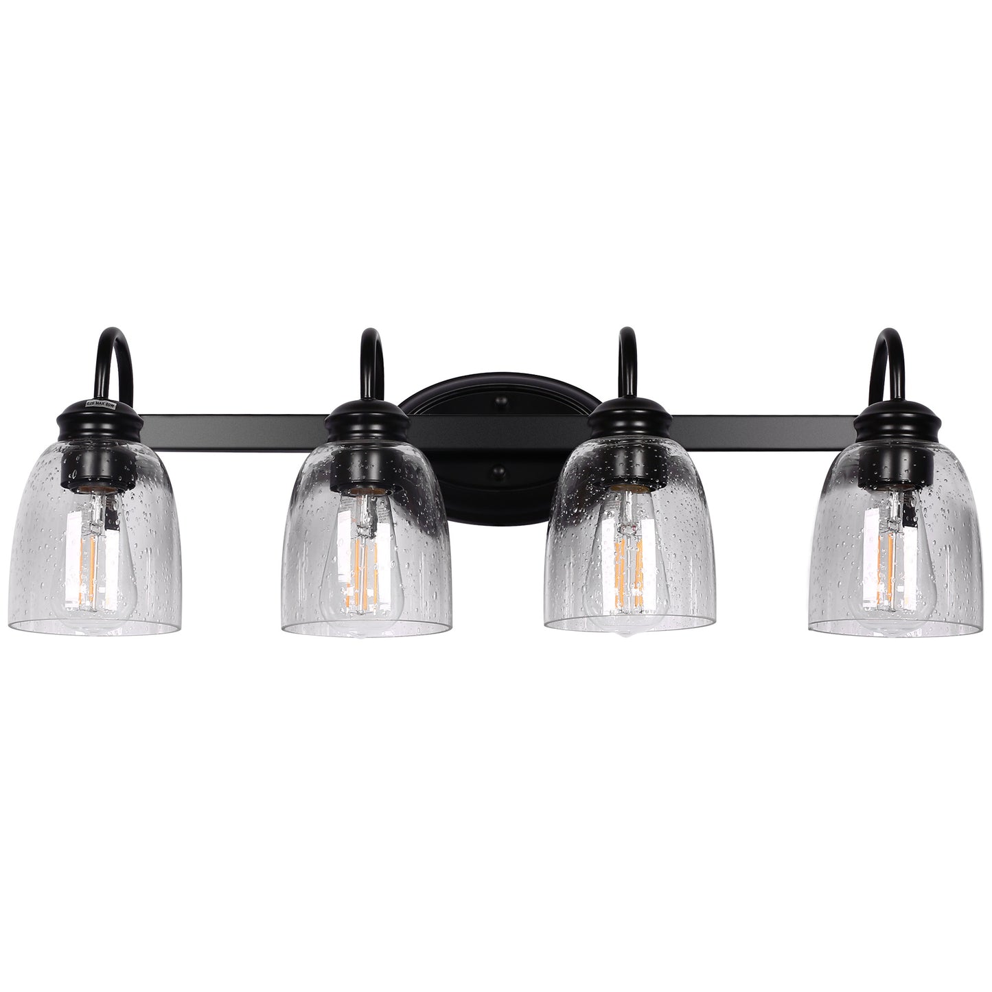 25.2 in. 4-Light Matte Black Modern Bathroom Vanity Light Mirror Wall Light with Black Accents and Seeded Glass Shade