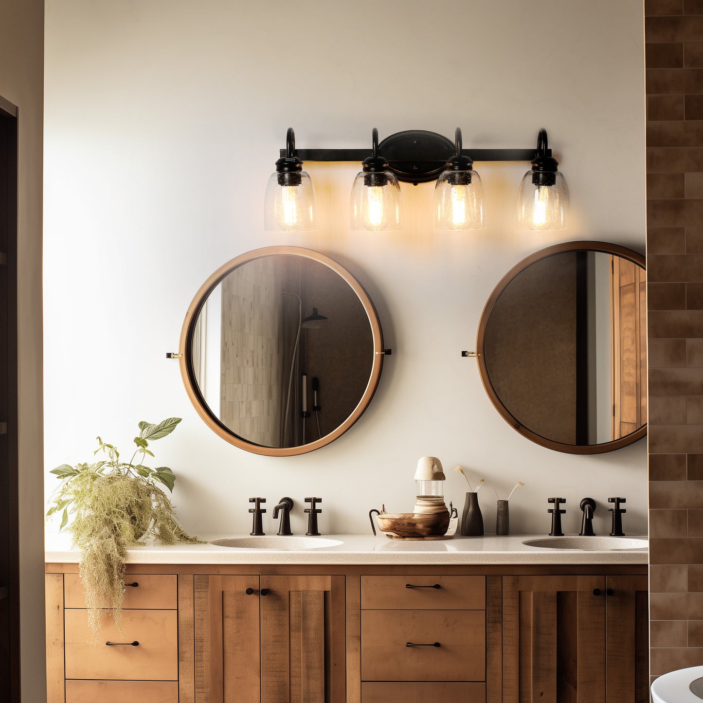 25.2 in. 4-Light Matte Black Modern Bathroom Vanity Light Mirror Wall Light with Black Accents and Seeded Glass Shade