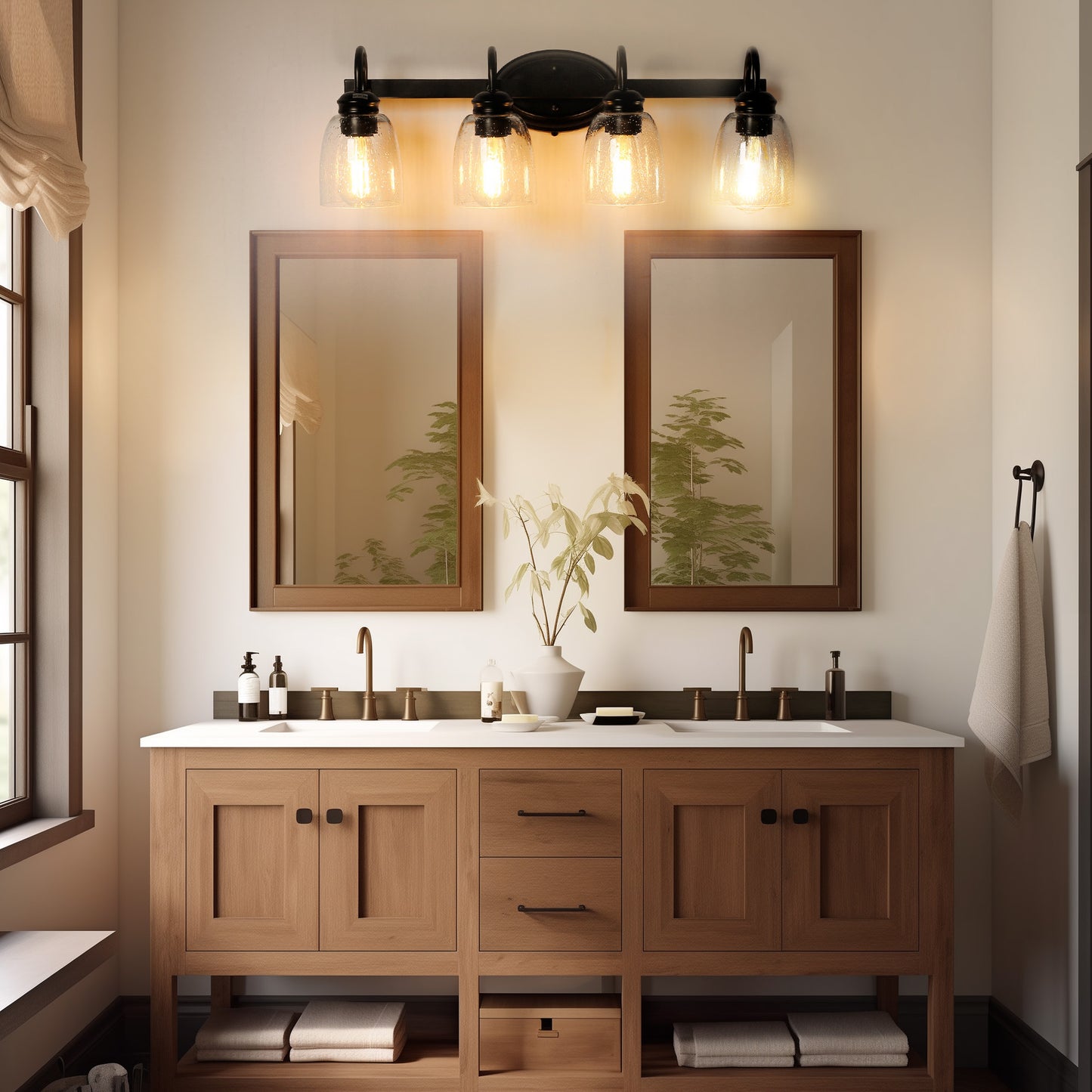 25.2 in. 4-Light Matte Black Modern Bathroom Vanity Light Mirror Wall Light with Black Accents and Seeded Glass Shade
