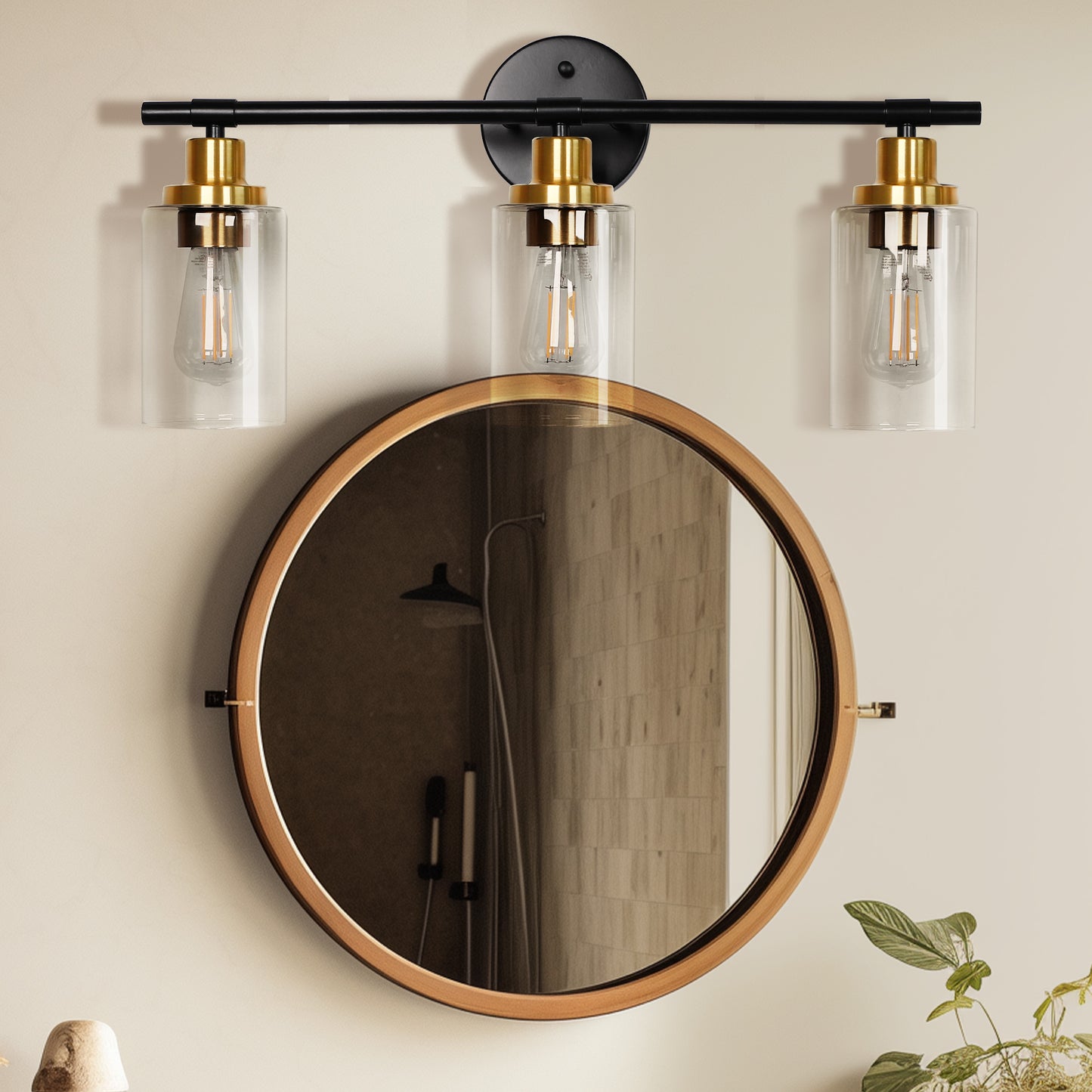 22.64 in. 3-Light Matte Black Modern Bathroom Vanity Light with Clear Glass Shade and Gold Socket