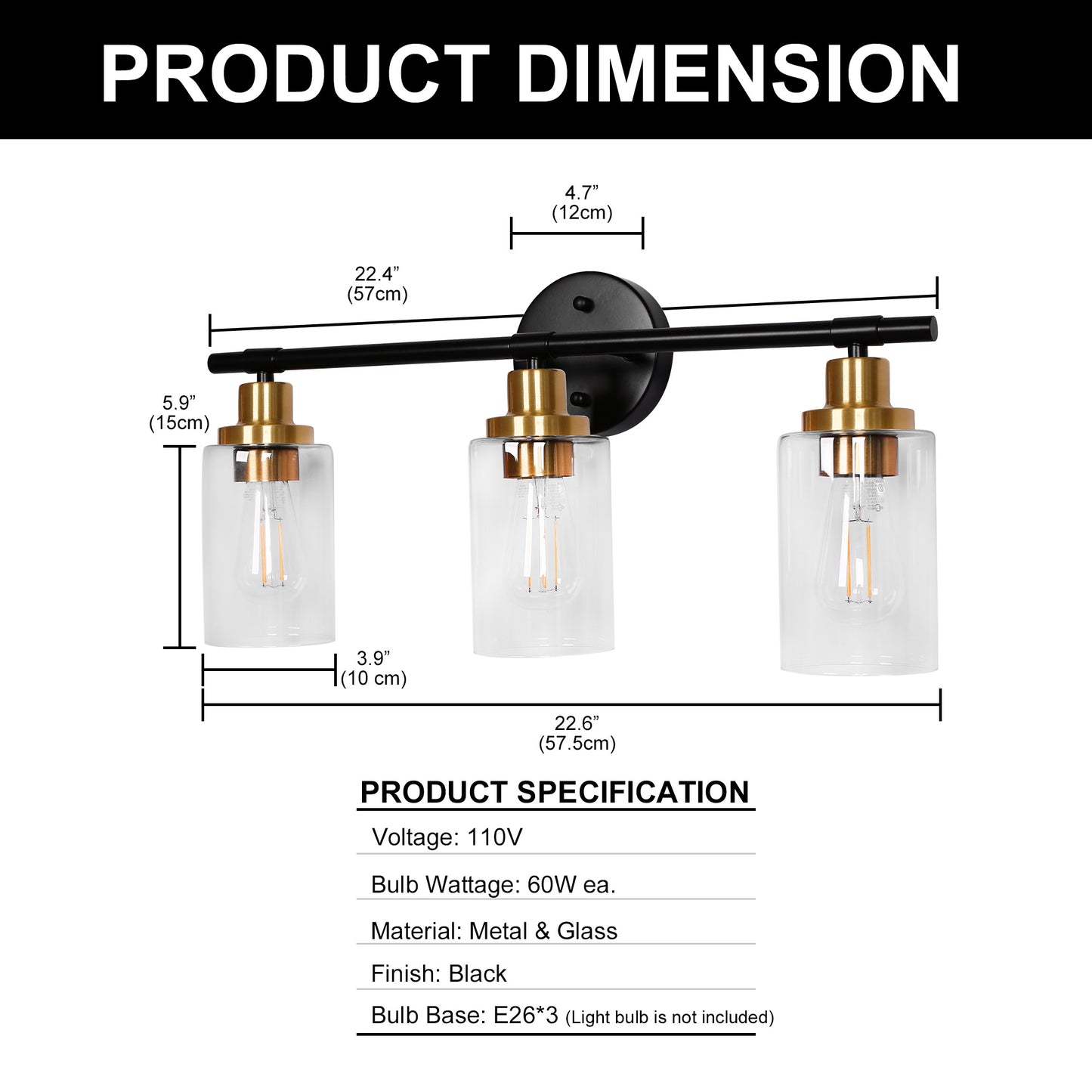 22.64 in. 3-Light Matte Black Modern Bathroom Vanity Light with Clear Glass Shade and Gold Socket