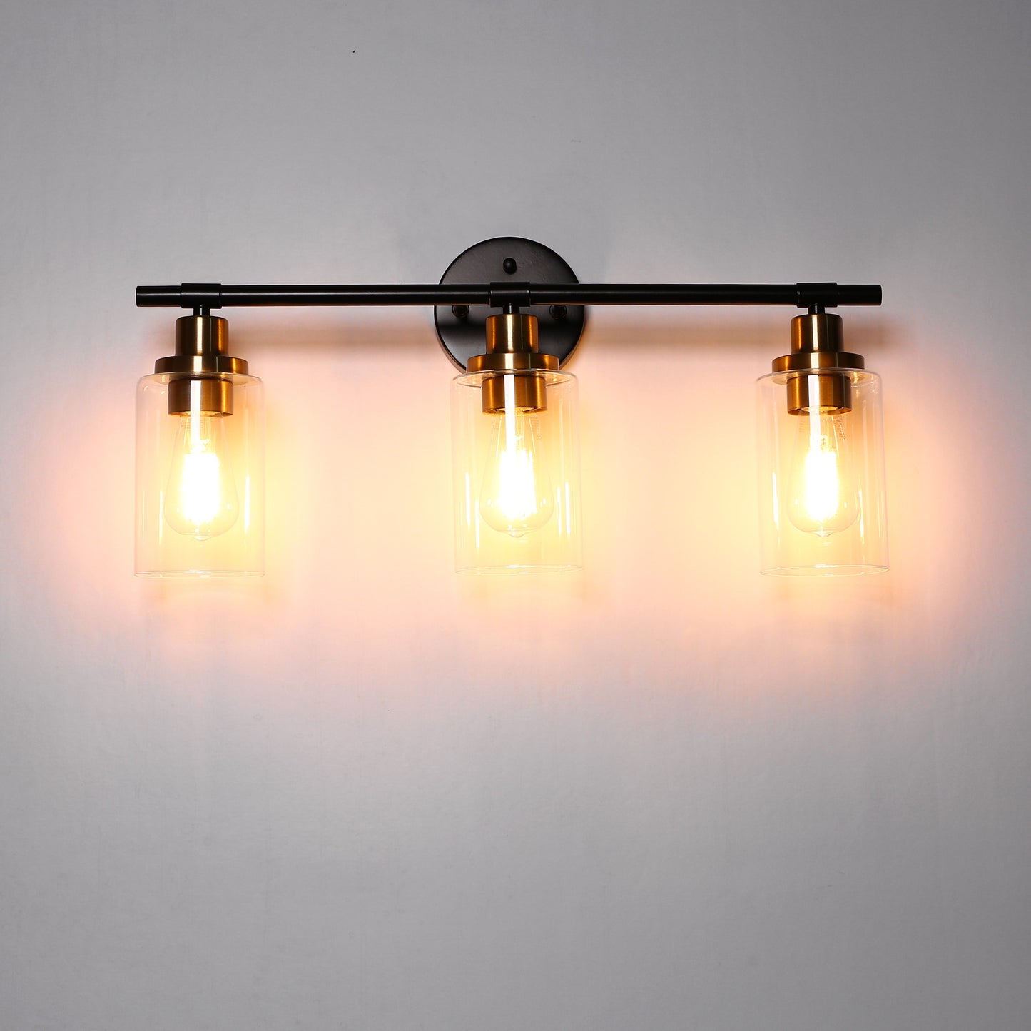 22.64 in. 3-Light Matte Black Modern Bathroom Vanity Light with Clear Glass Shade and Gold Socket