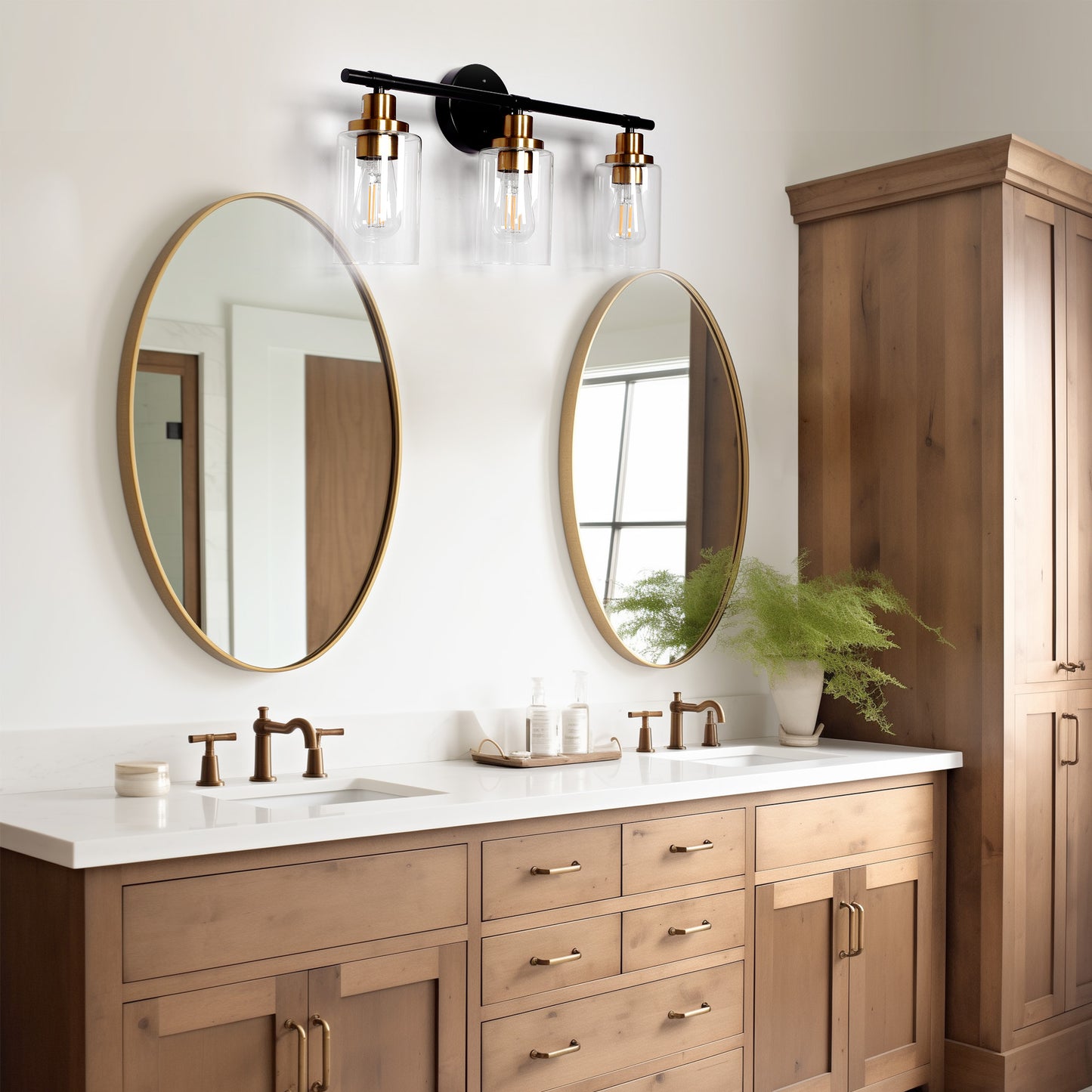 22.64 in. 3-Light Matte Black Modern Bathroom Vanity Light with Clear Glass Shade and Gold Socket