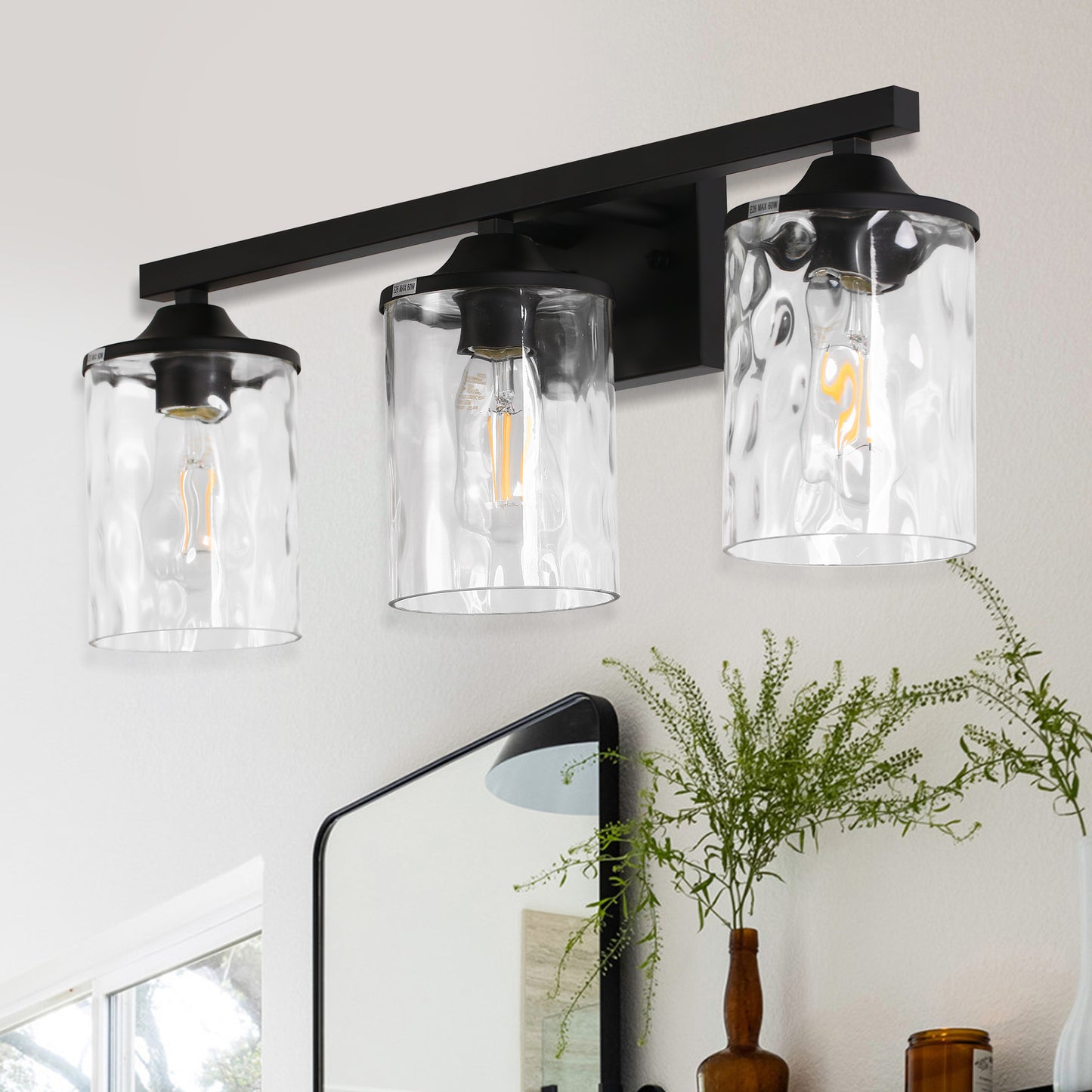 23.2 in. 3-Light Matte Black Linear Classic Modern Bathroom Vanity Light Wall Light with Clear Hammered Glass Shades