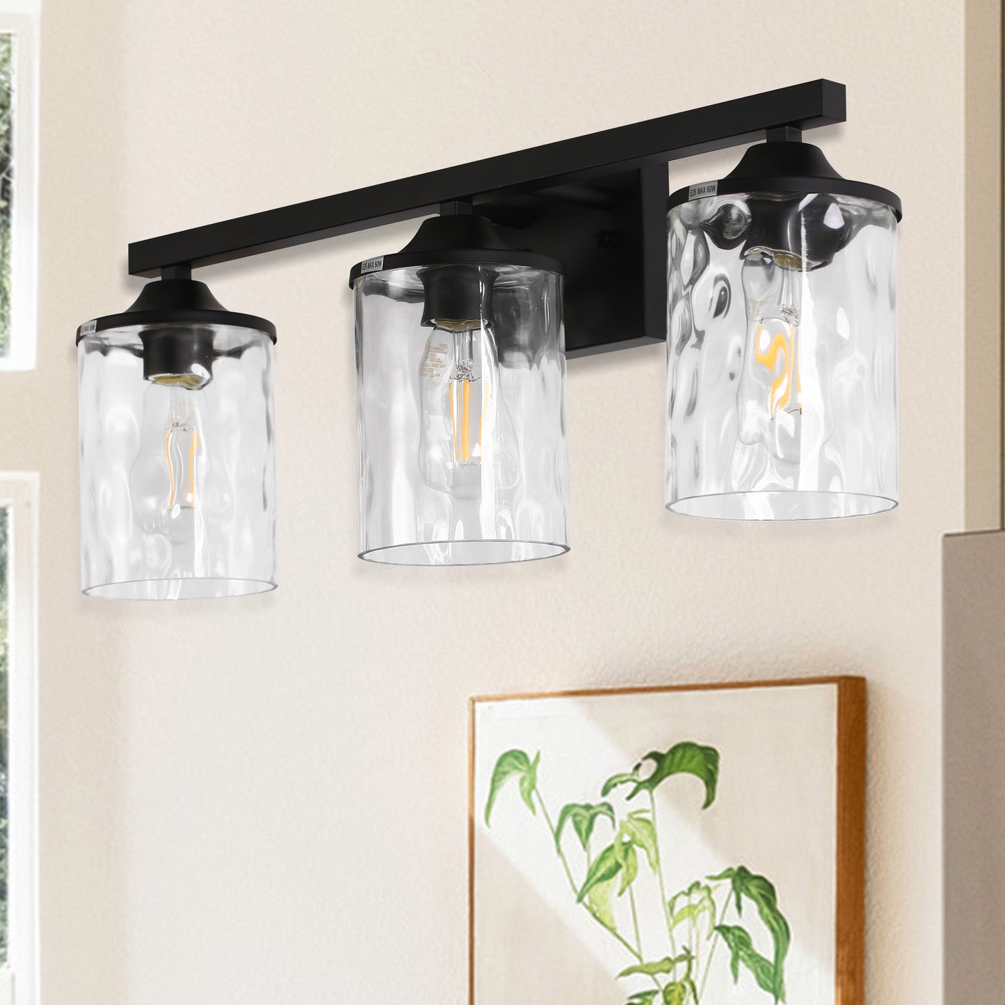 23.2 in. 3-Light Matte Black Linear Classic Modern Bathroom Vanity Light Wall Light with Clear Hammered Glass Shades