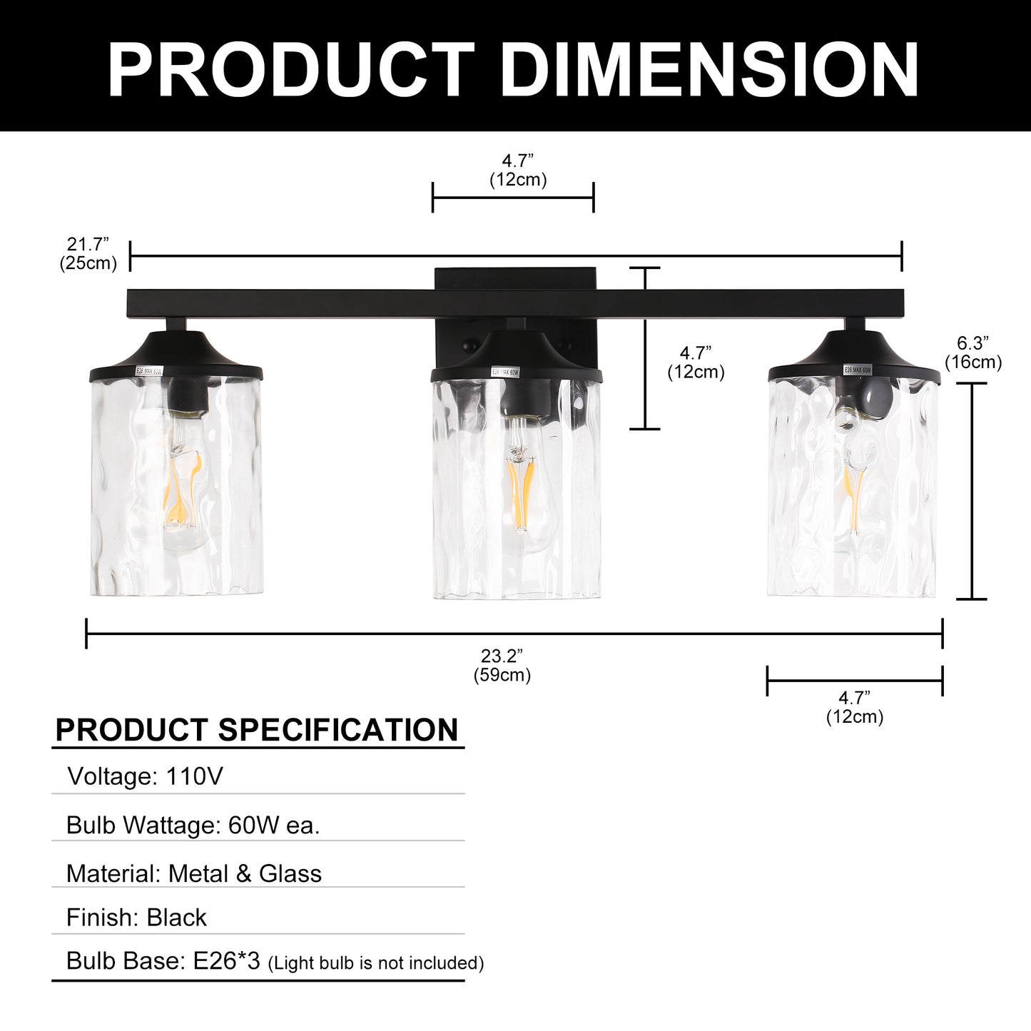 23.2 in. 3-Light Matte Black Linear Classic Modern Bathroom Vanity Light Wall Light with Clear Hammered Glass Shades