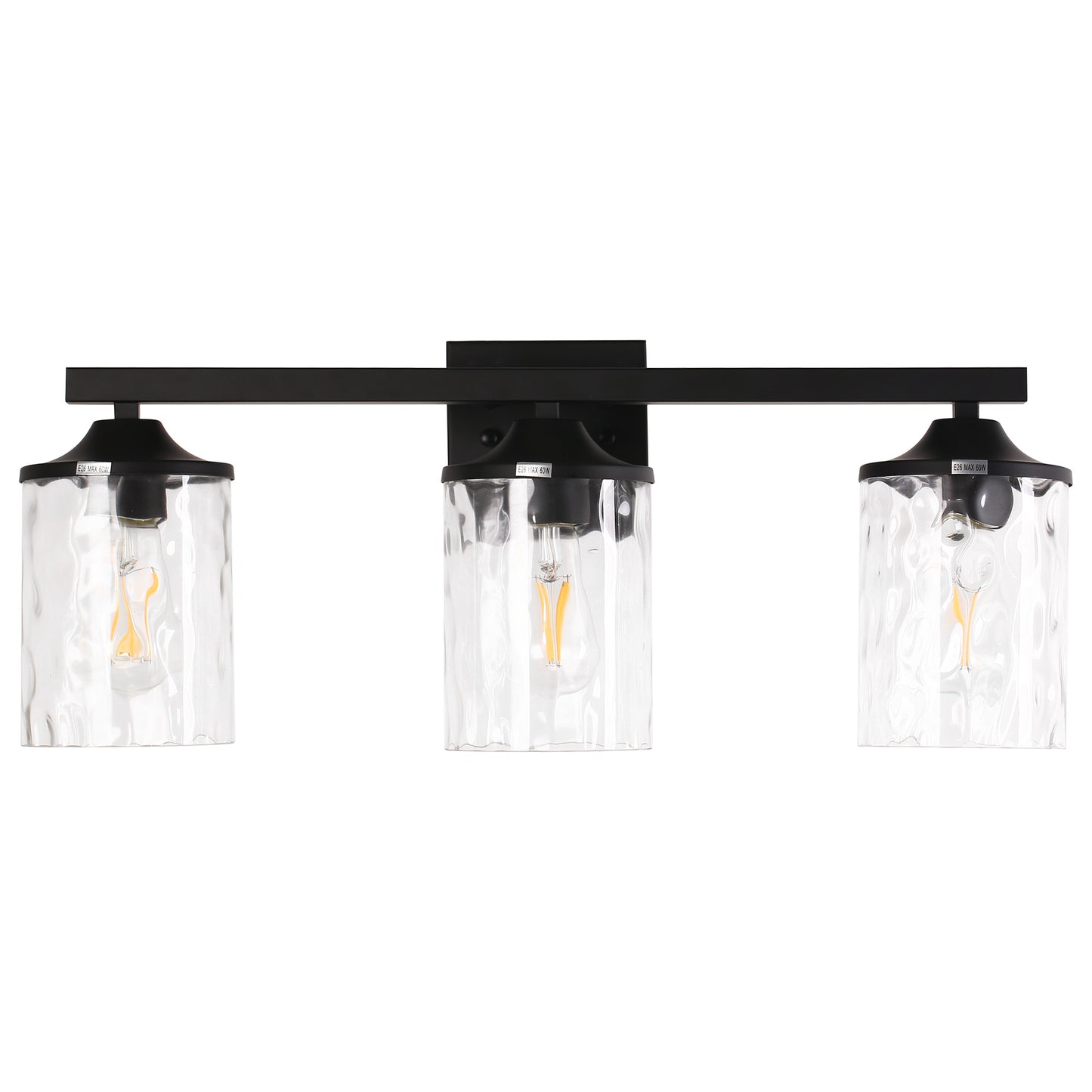 23.2 in. 3-Light Matte Black Linear Classic Modern Bathroom Vanity Light Wall Light with Clear Hammered Glass Shades