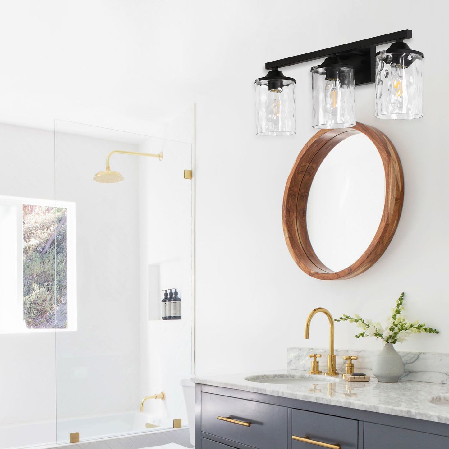 23.2 in. 3-Light Matte Black Linear Classic Modern Bathroom Vanity Light Wall Light with Clear Hammered Glass Shades