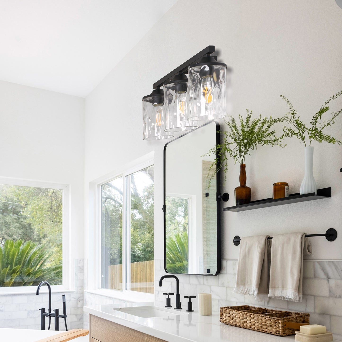 23.2 in. 3-Light Matte Black Linear Classic Modern Bathroom Vanity Light Wall Light with Clear Hammered Glass Shades