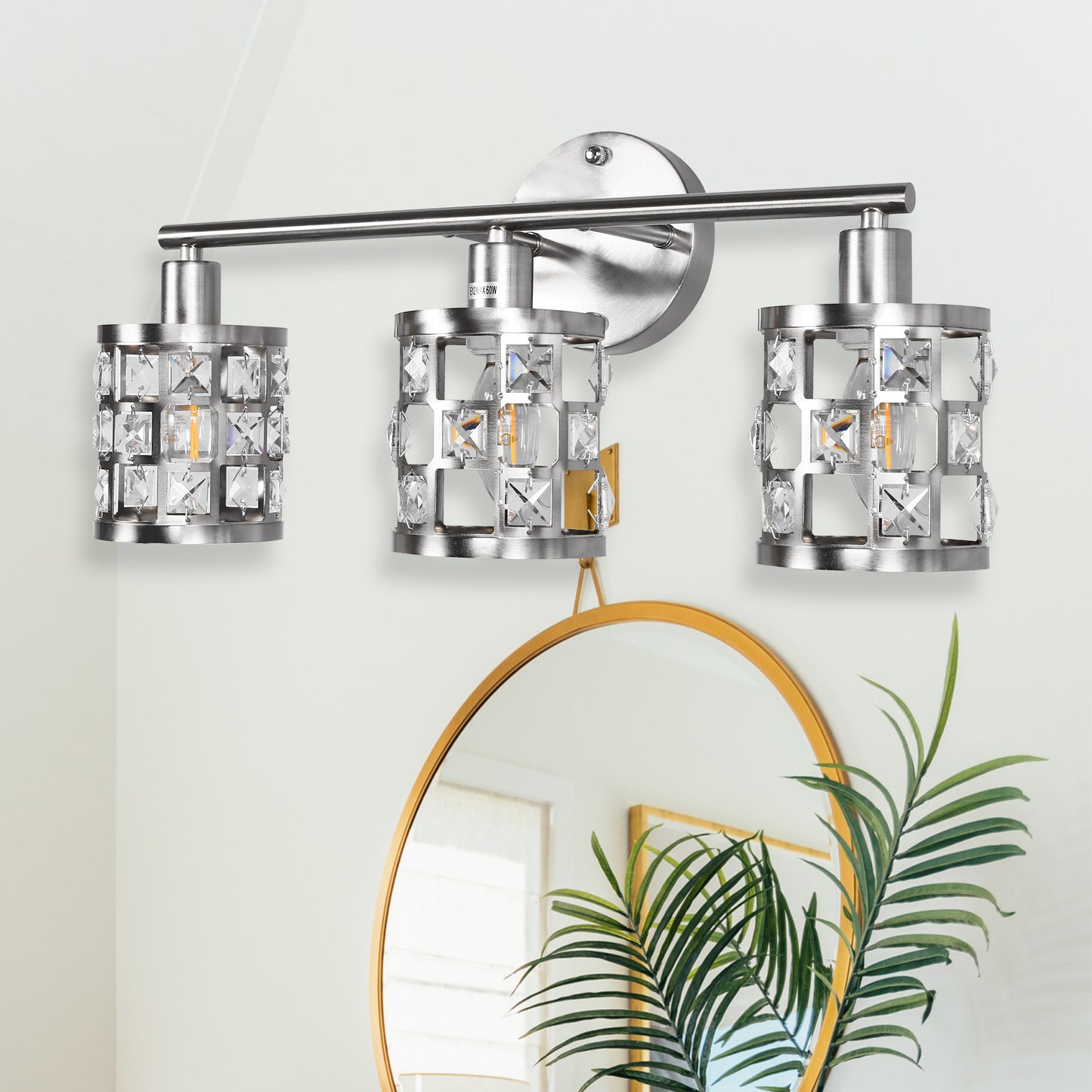 19.88 in. 3-Light Brushed Nickel Modern Industrial Bathroom Vanity Light Over Mirror with Crystal Shade