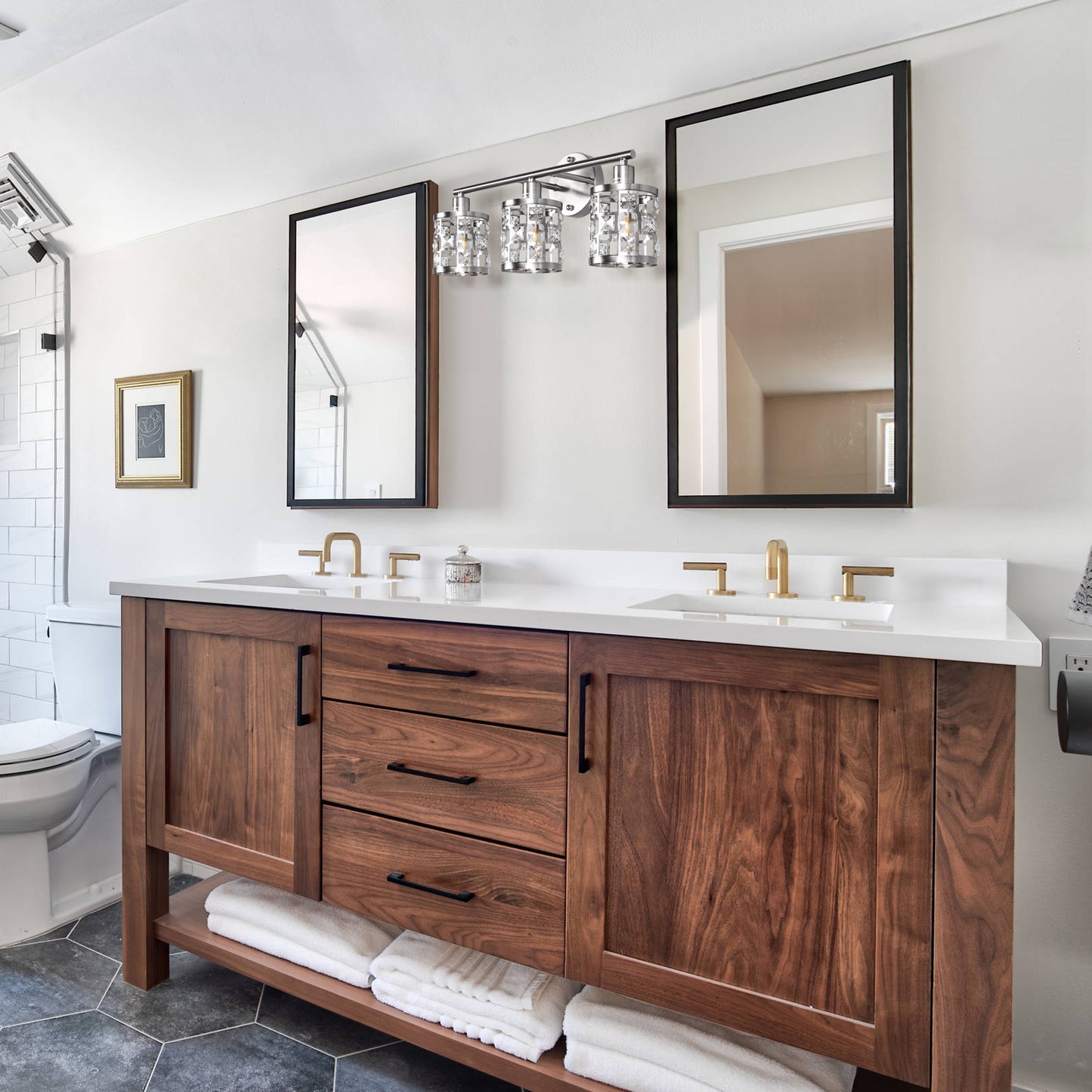 19.88 in. 3-Light Brushed Nickel Modern Industrial Bathroom Vanity Light Over Mirror with Crystal Shade