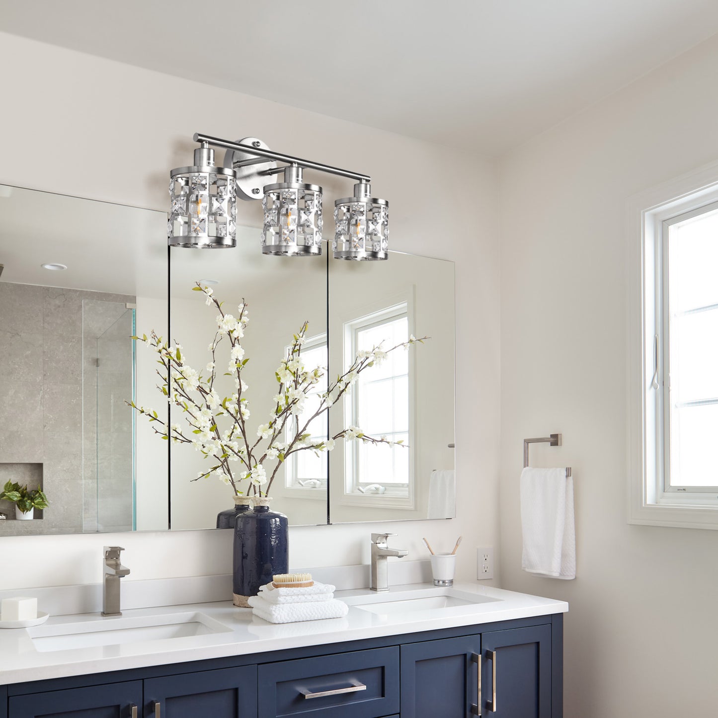 19.88 in. 3-Light Brushed Nickel Modern Industrial Bathroom Vanity Light Over Mirror with Crystal Shade