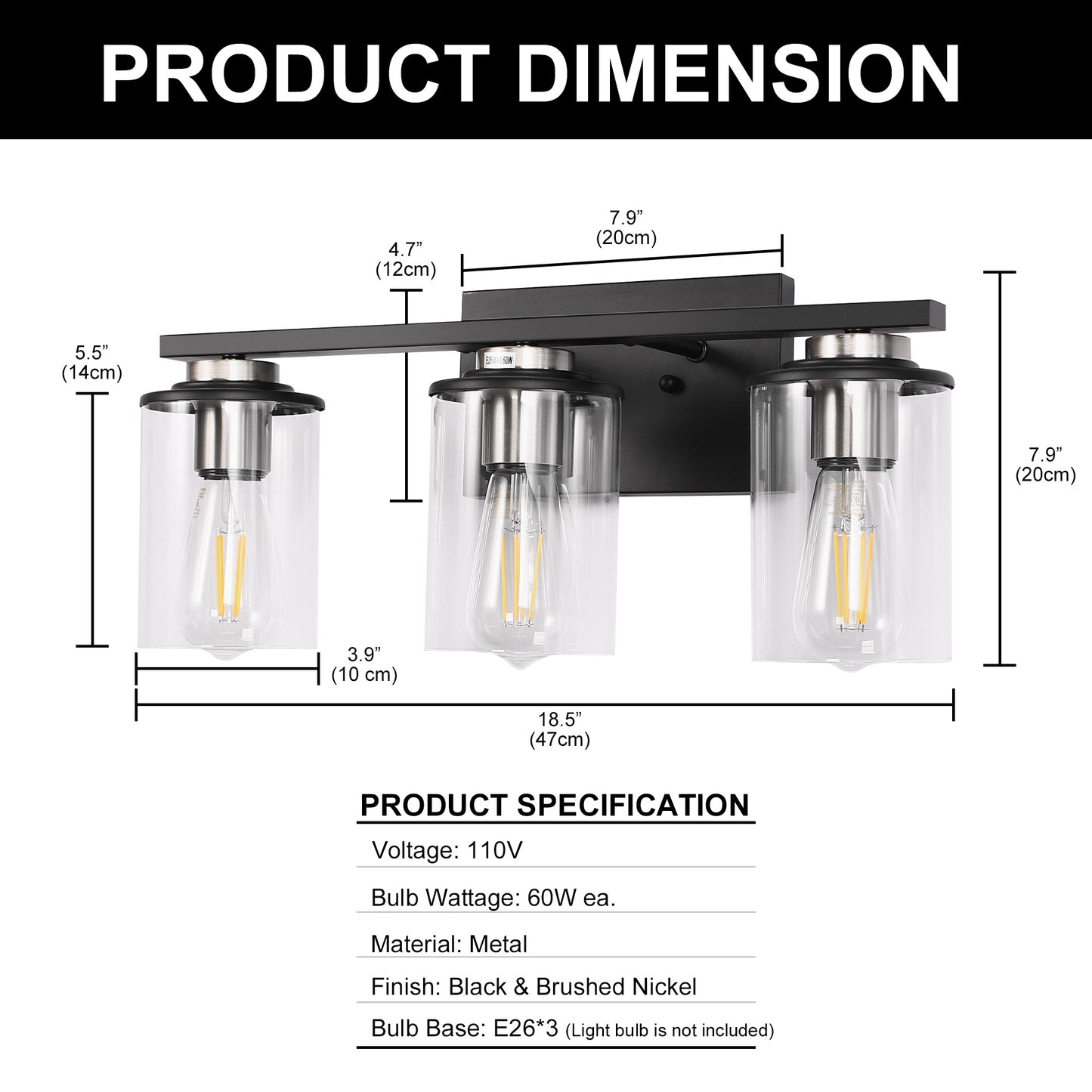 18.5 in. 3-Light Black and Brushed Nickel Vanity Light with Clear Glass Shade for Bathroom