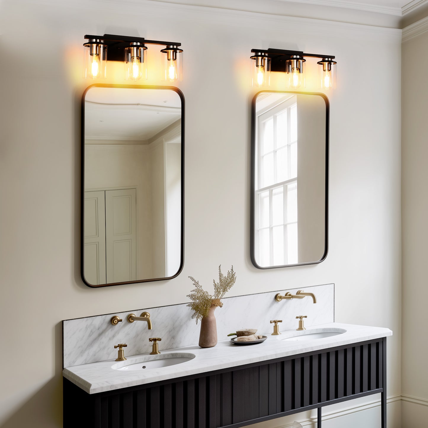 18.5 in. 3-Light Black and Brushed Nickel Vanity Light with Clear Glass Shade for Bathroom