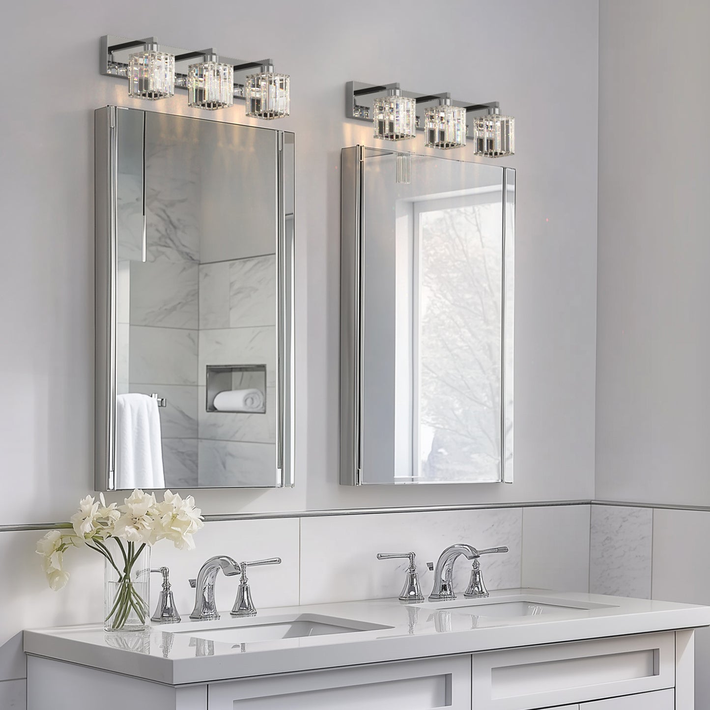 24 in. 3-Light Elegant Crystal Bathroom Integrated LED Vanity Light, Chrome Finish with Clear Glass Shades