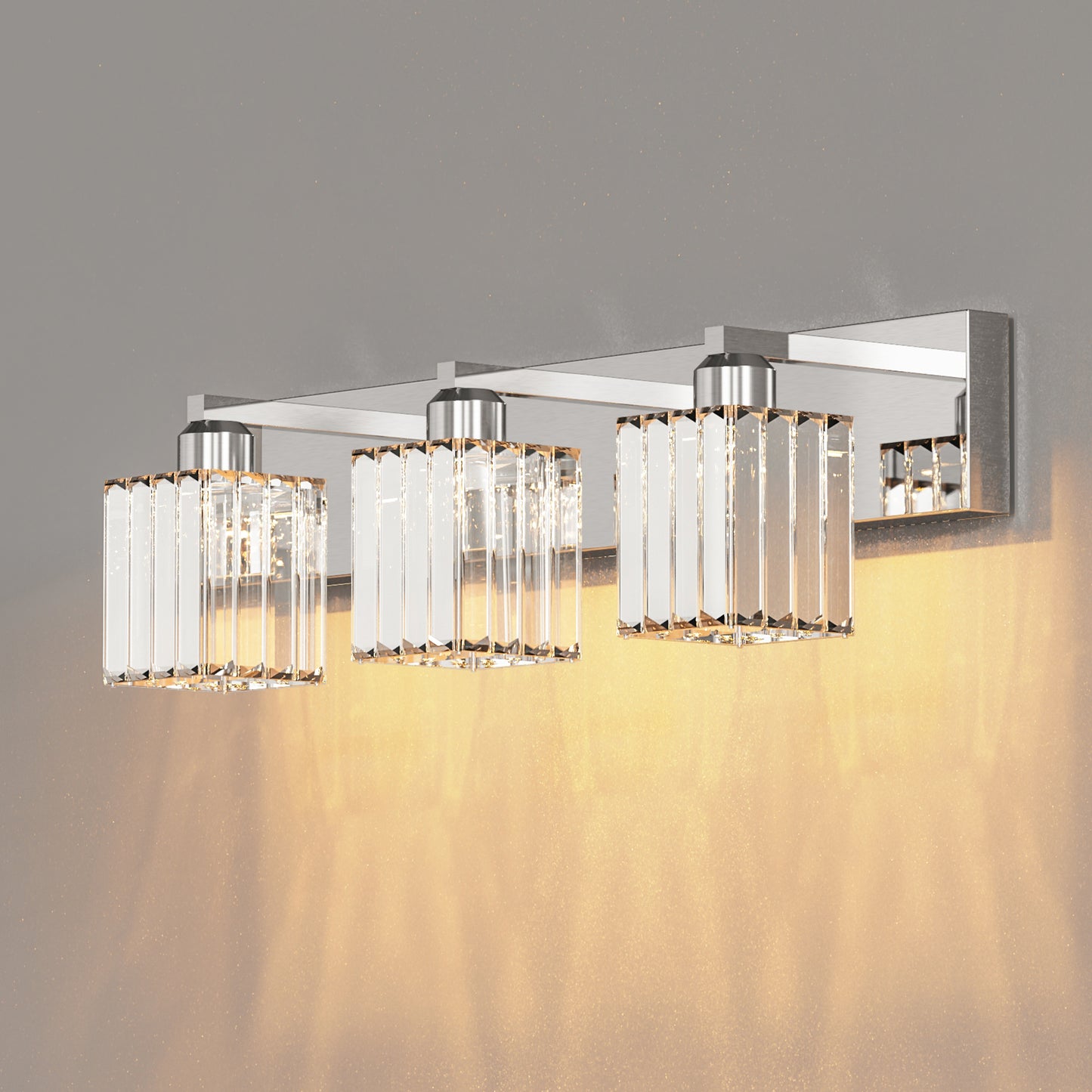YANSUN 24 in. 3-Light Square Chrome LED Vanity Light with Crystal Shade for Bathroom and Makeup Room