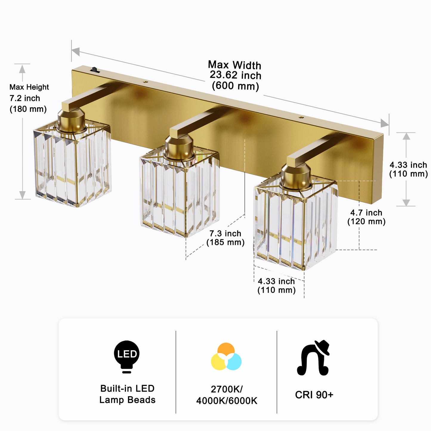 24 in. 3-Light Elegant Crystal Bathroom Integrated LED Vanity Light, Gold Finish with Clear Glass Shades