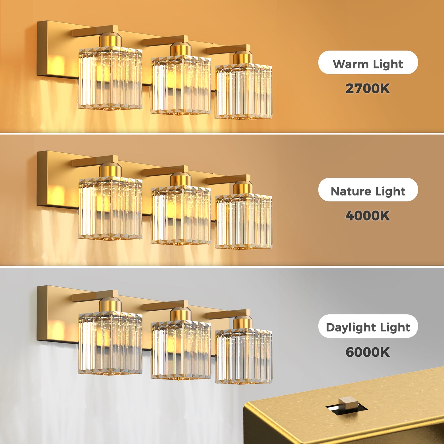 24 in. 3-Light Elegant Crystal Bathroom Integrated LED Vanity Light, Gold Finish with Clear Glass Shades