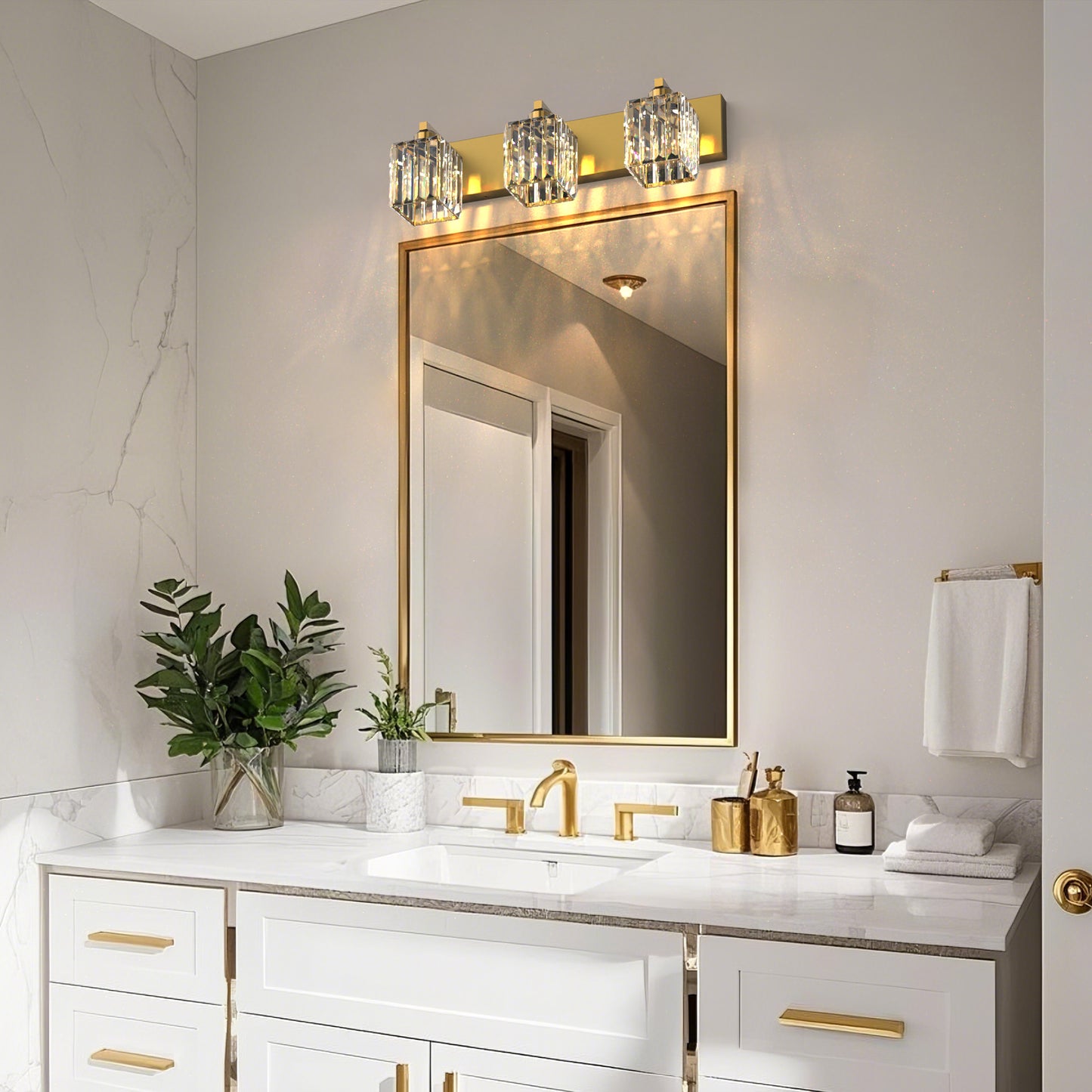 24 in. 3-Light Elegant Crystal Bathroom Integrated LED Vanity Light, Gold Finish with Clear Glass Shades