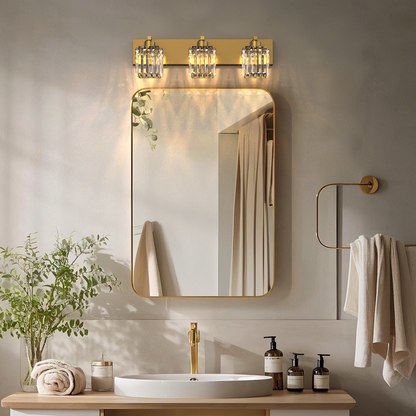 24 in. 3-Light Elegant Crystal Bathroom Integrated LED Vanity Light, Gold Finish with Clear Glass Shades