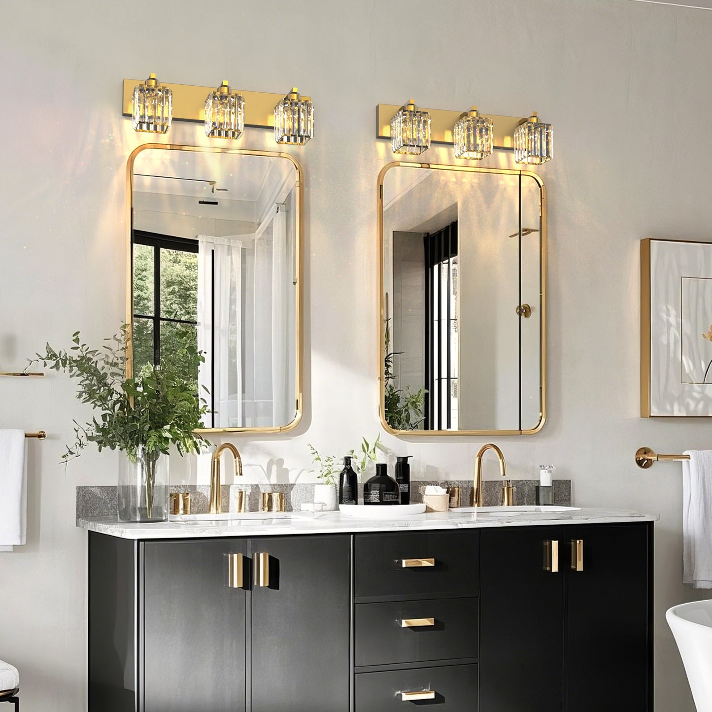 24 in. 3-Light Elegant Crystal Bathroom Integrated LED Vanity Light, Gold Finish with Clear Glass Shades
