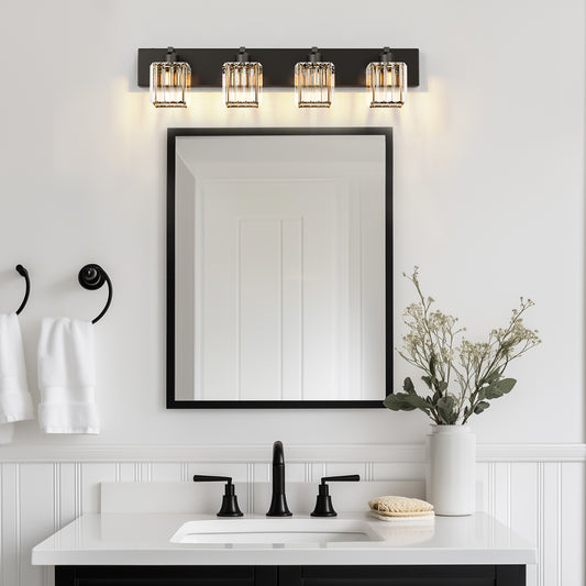 32 in. 4-Light Modern Crystal Black Bathroom Integrated LED Vanity Light Fixture with Clear Glass Shades