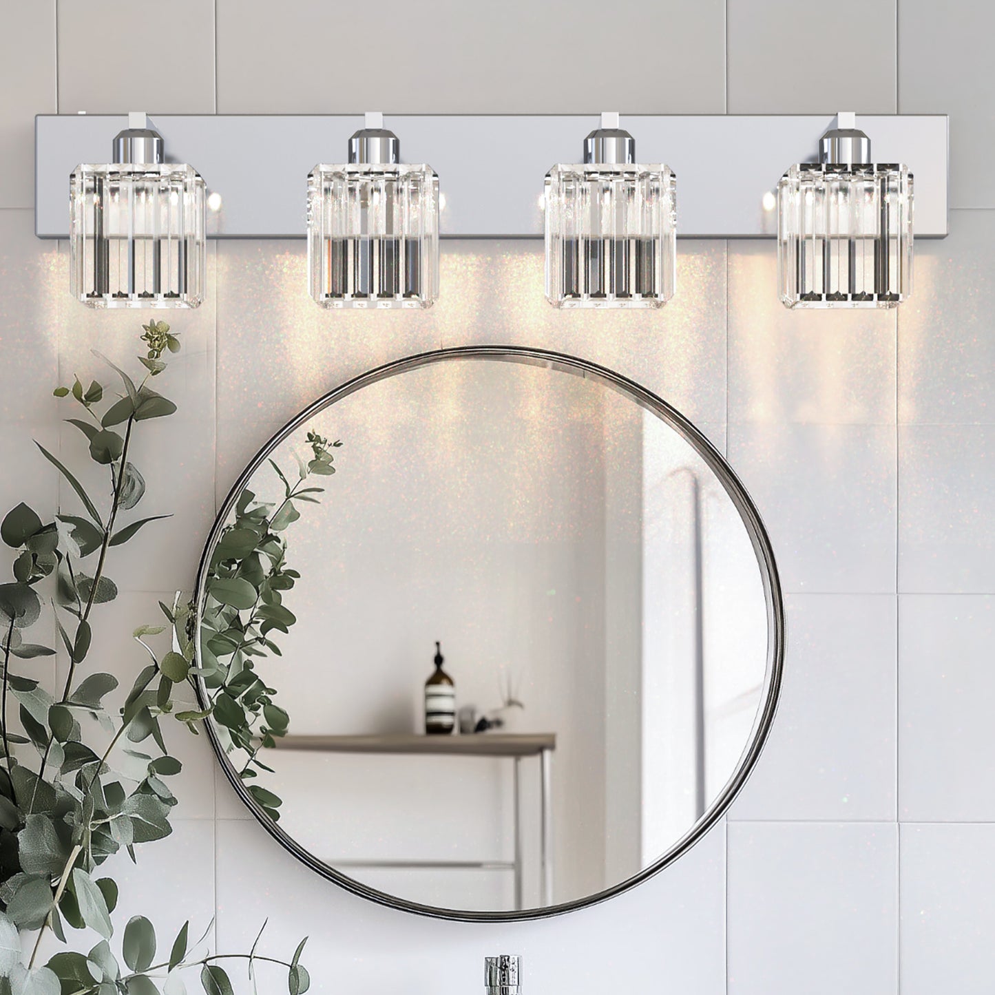 32 in. 4-Light Modern Chrome Bathroom Integrated LED Vanity Light Fixture with Clear Crystal Shades