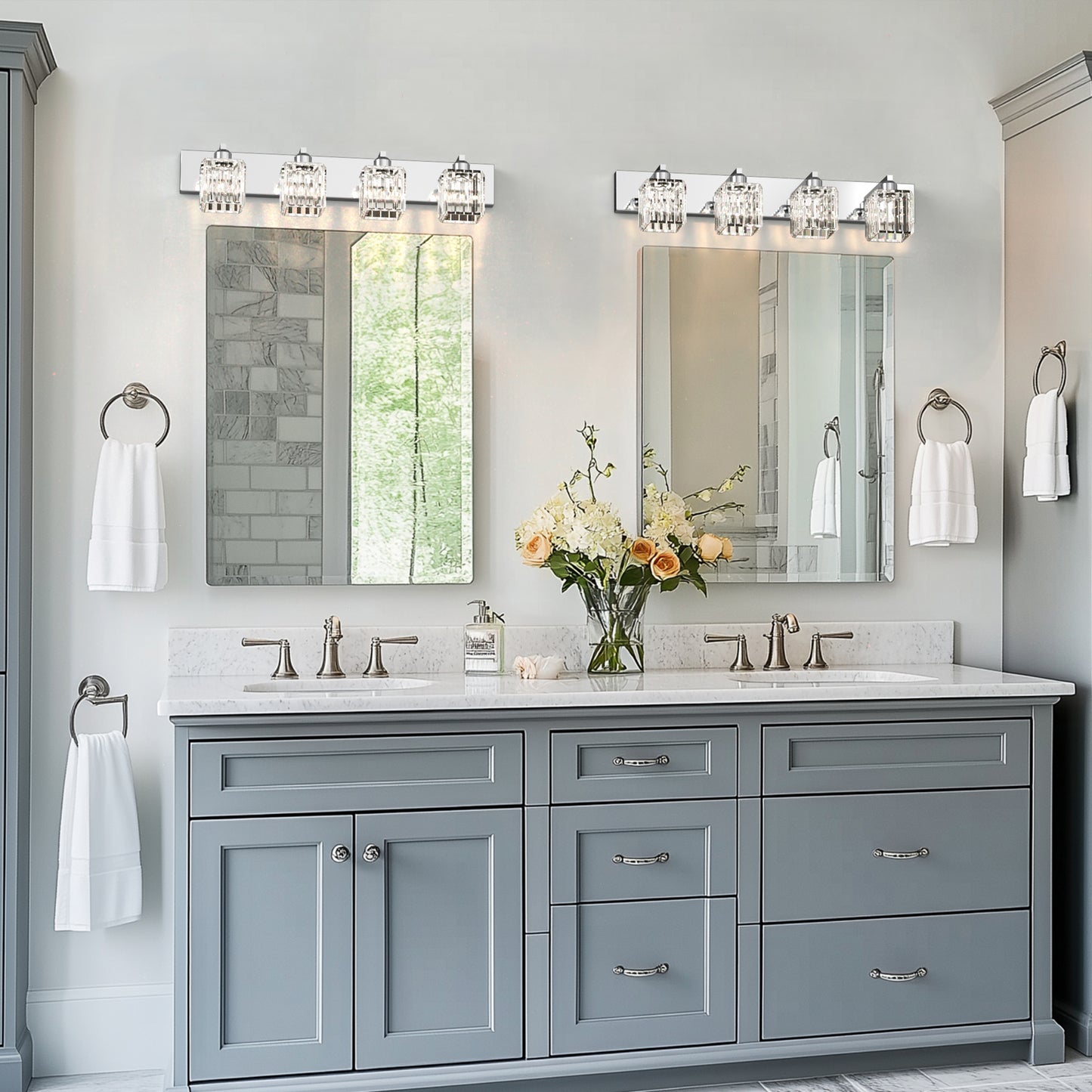 32 in. 4-Light Modern Chrome Bathroom Integrated LED Vanity Light Fixture with Clear Crystal Shades