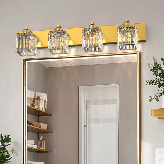 32 in. 4-Light Modern Crystal Bathroom Vanity Light Integrated LED Fixture, Gold with Clear Glass Shades
