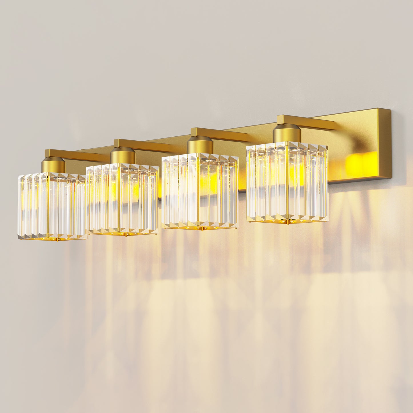 32 in. 4-Light Modern Crystal Bathroom Vanity Light Integrated LED Fixture, Gold with Clear Glass Shades