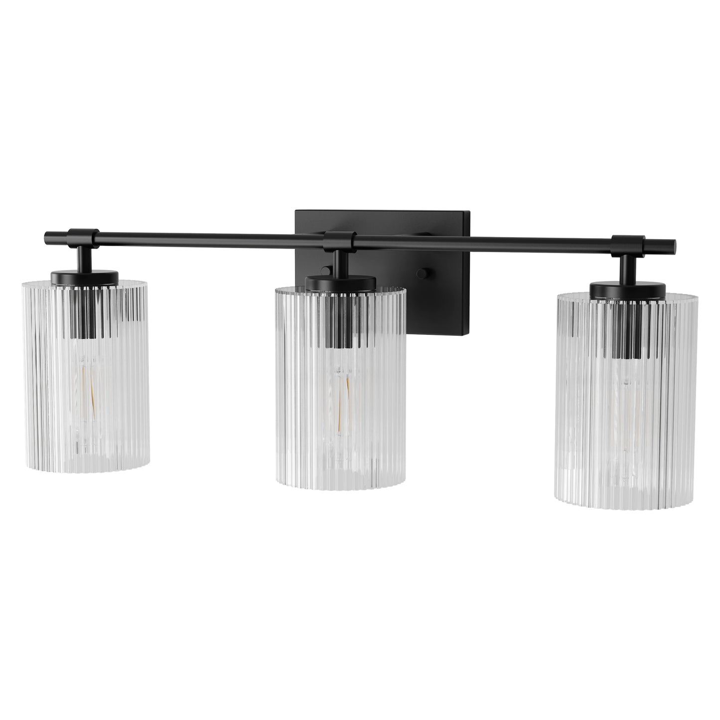 YANSUN 23.6 in. 3 Light Black Vanity Light with Striped Milky White Cylindrical Shade and Trumpet Sockets for Bathroom E26 Base