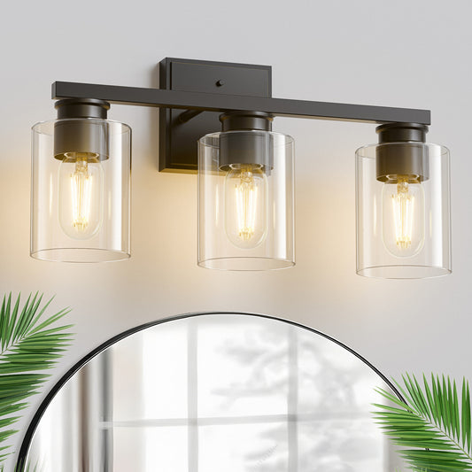 18 in. 3-Light Black Vanity Light with Clear Glass Shades for Bathroom