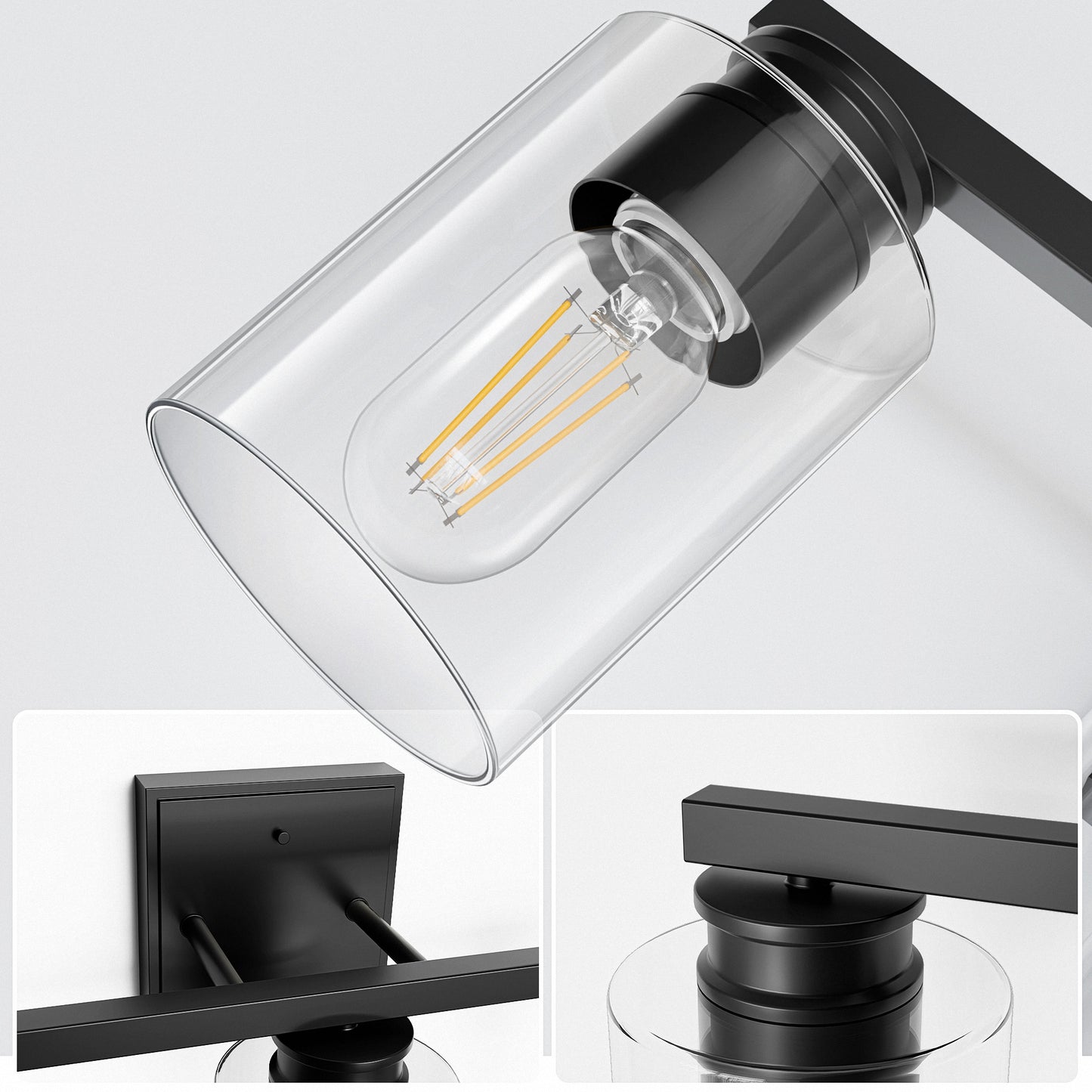 18 in. 3-Light Black Vanity Light with Clear Glass Shades for Bathroom