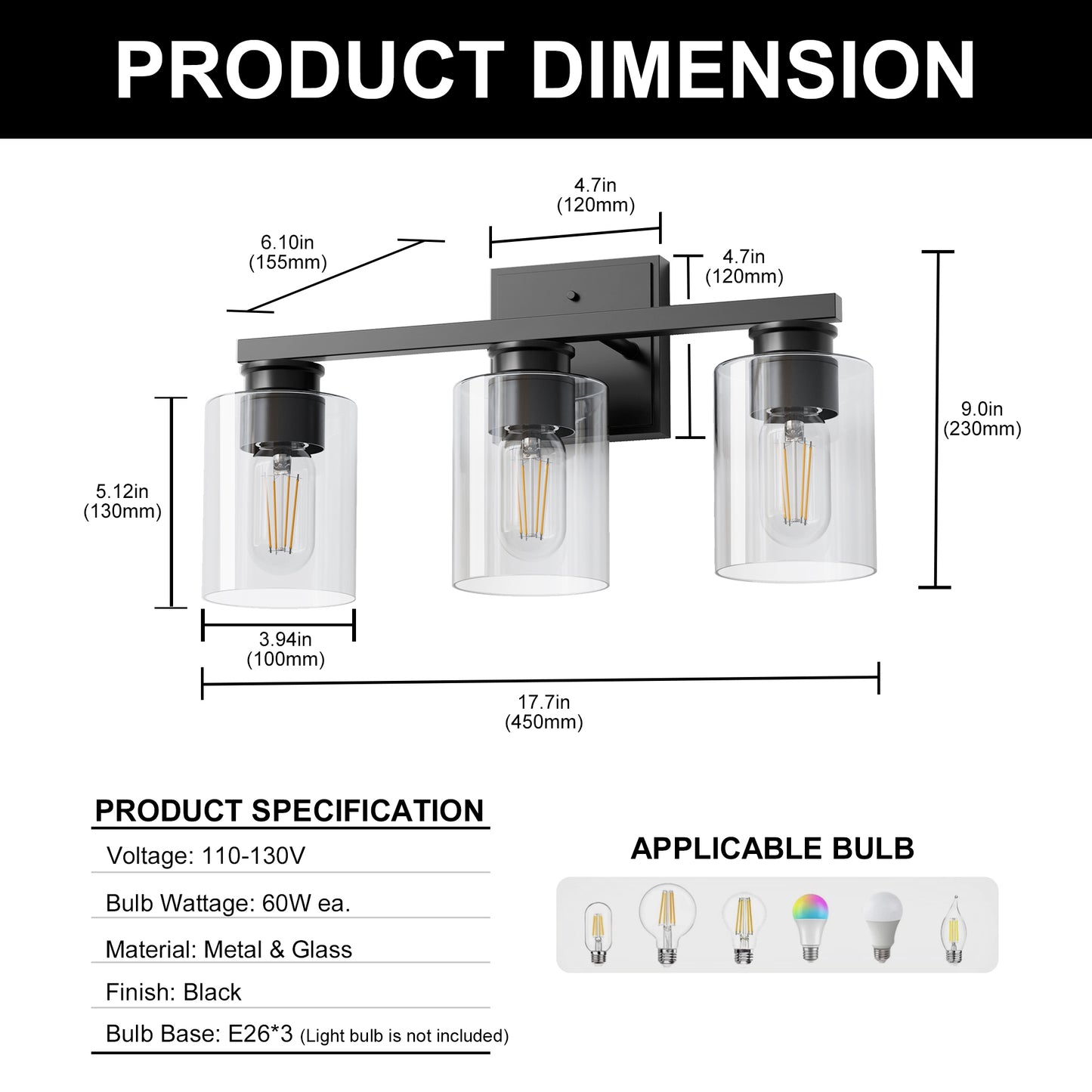 18 in. 3-Light Black Vanity Light with Clear Glass Shades for Bathroom