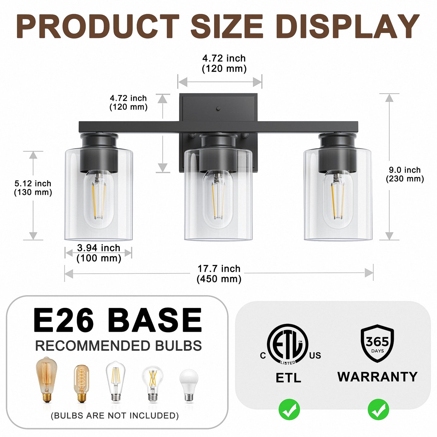 18 in. 3-Light Black Vanity Light with Clear Glass Shades for Bathroom