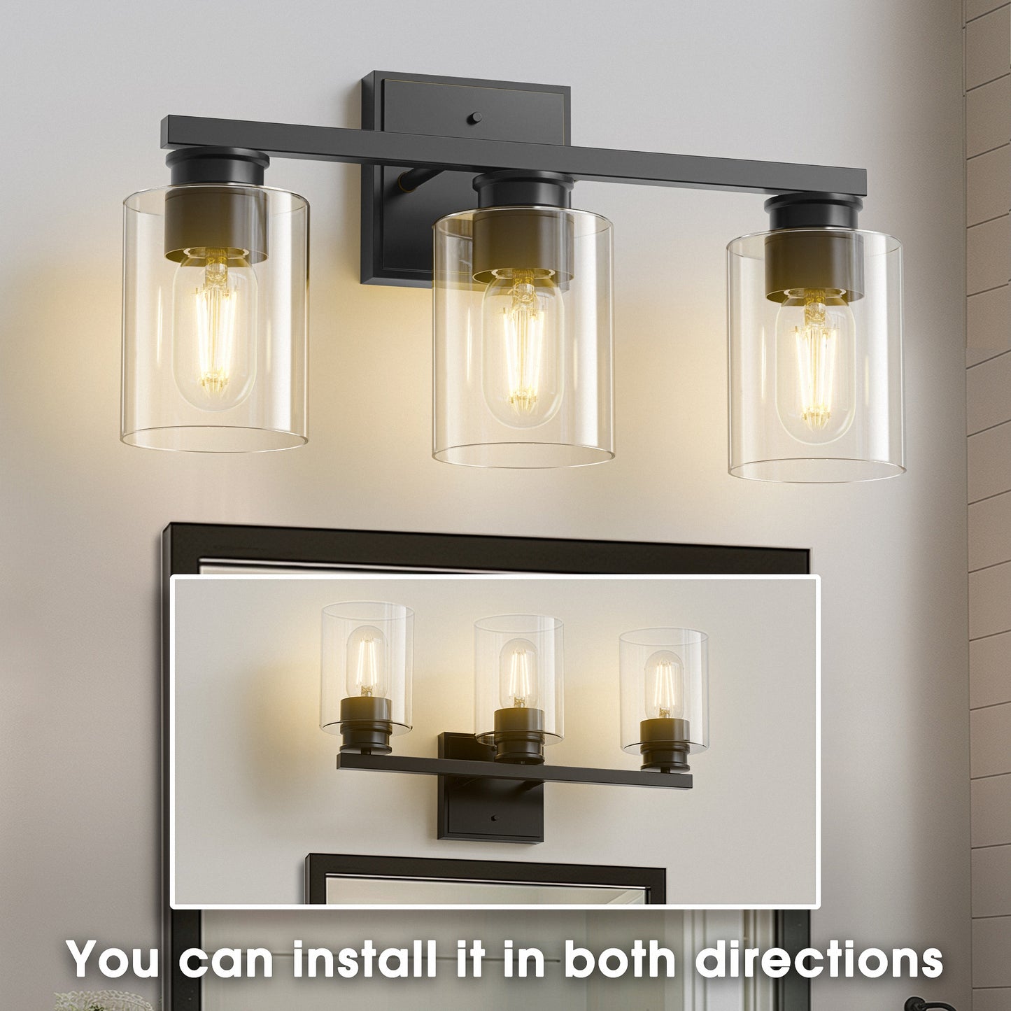 18 in. 3-Light Black Vanity Light with Clear Glass Shades for Bathroom