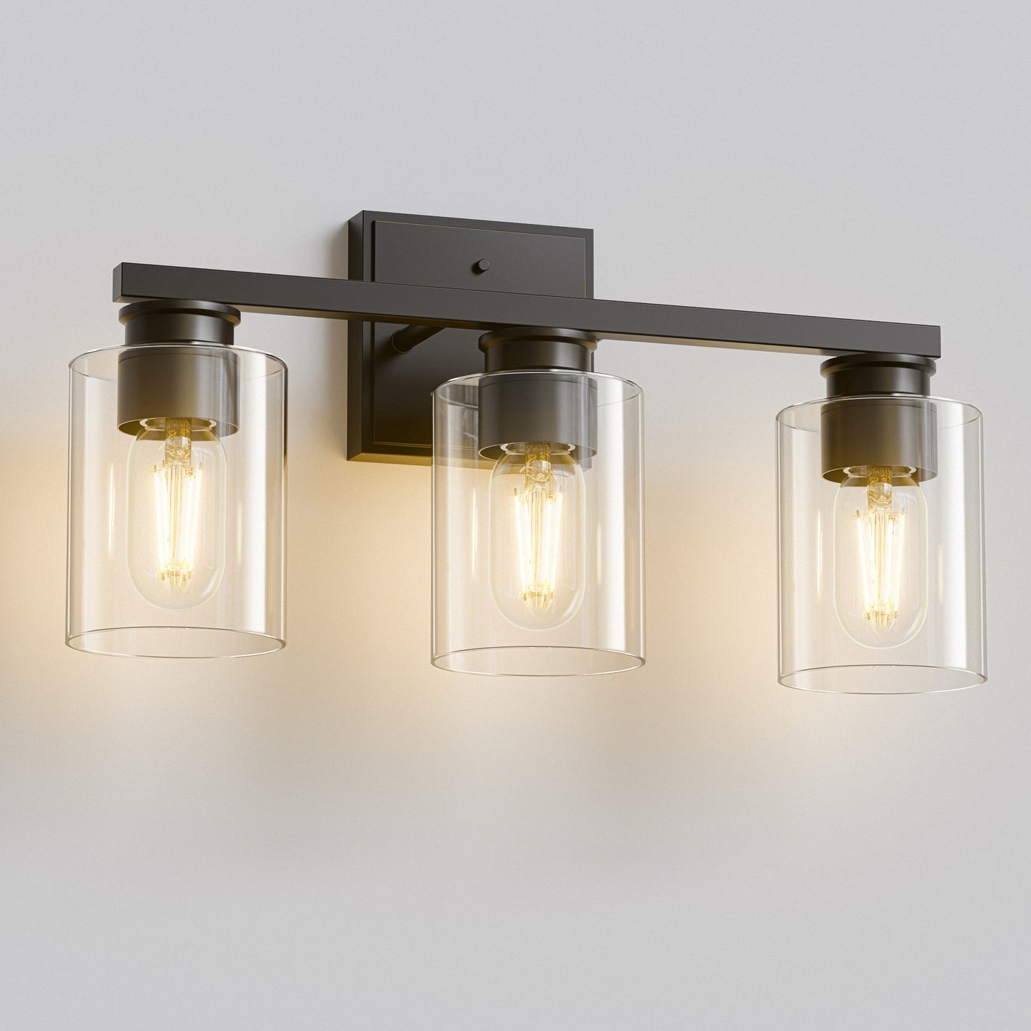18 in. 3-Light Black Vanity Light with Clear Glass Shades for Bathroom